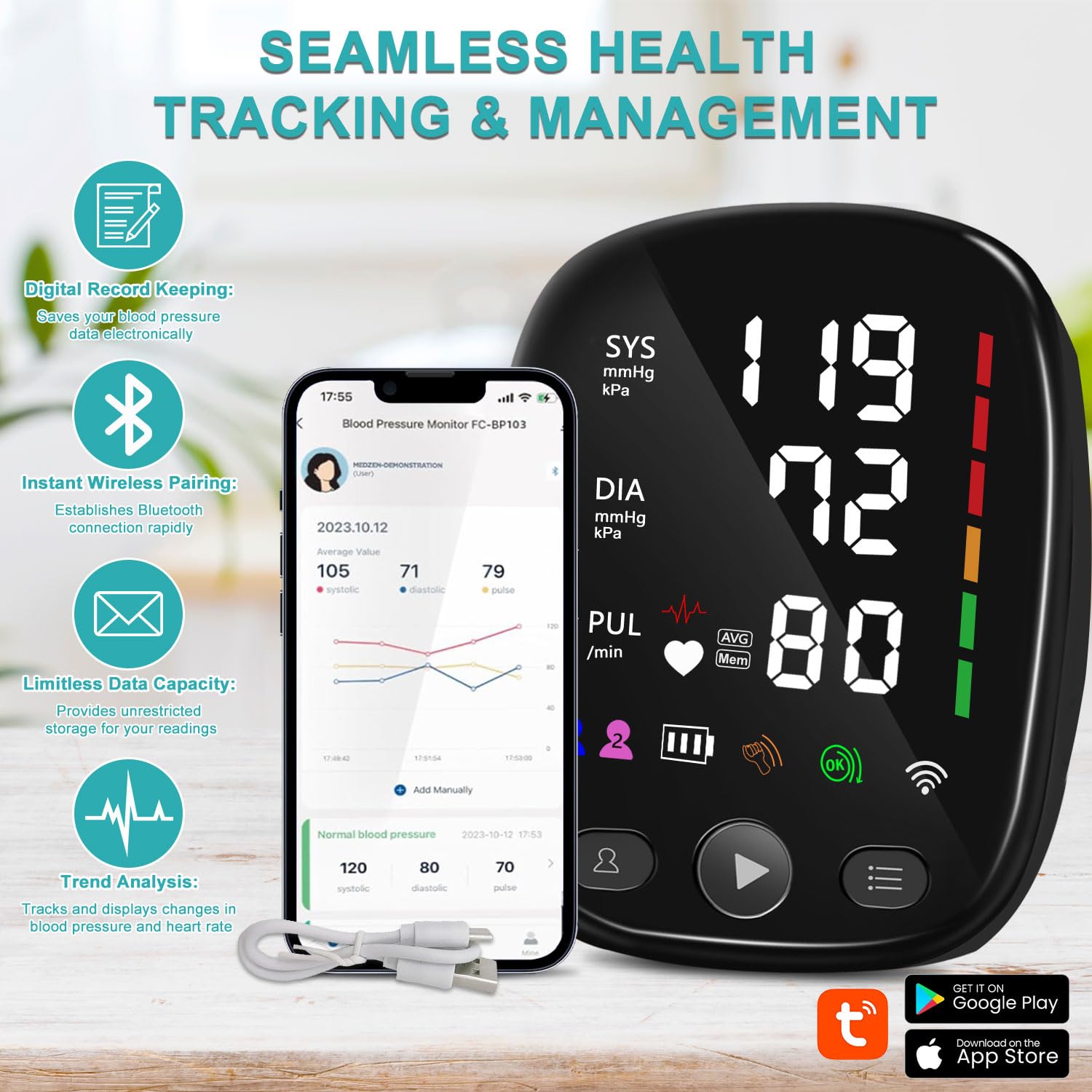 Automatic Arm Blood Pressure Monitor for Home Use - with Adjustable Large Cuff (8.7"-17.3"), Bluetooth App Tracking, LED Display 2 Users 240 Sets Memory, Hypertension Detector