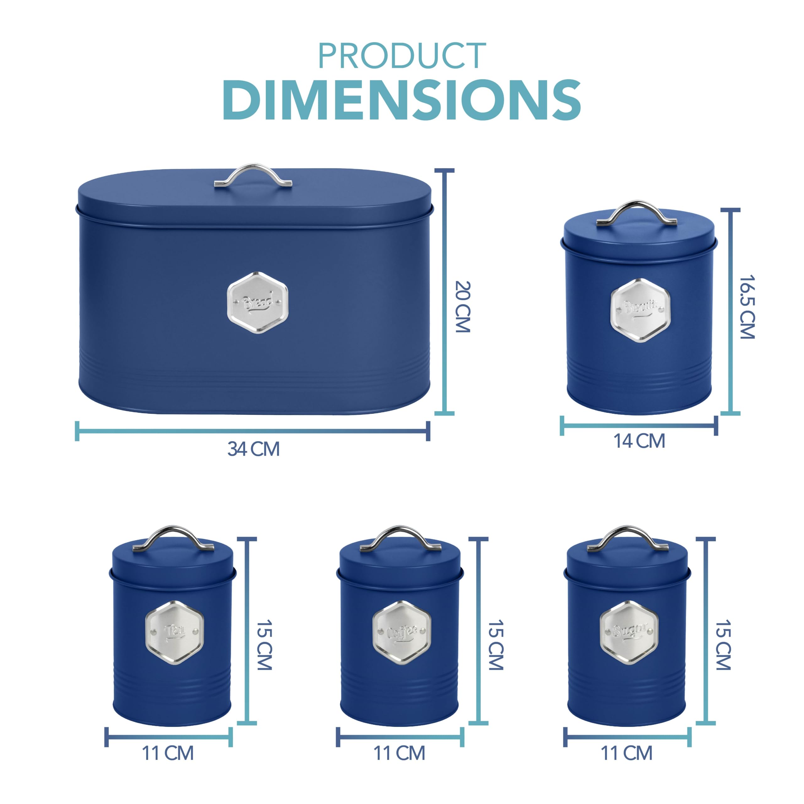 HEFTMAN Juego de recipientes de cocina azules, elegante juego de 5 recipientes de almacenamiento de cocina para pan, galletas, azúcar, café, té, juego de almacenamiento hermético, recipientes