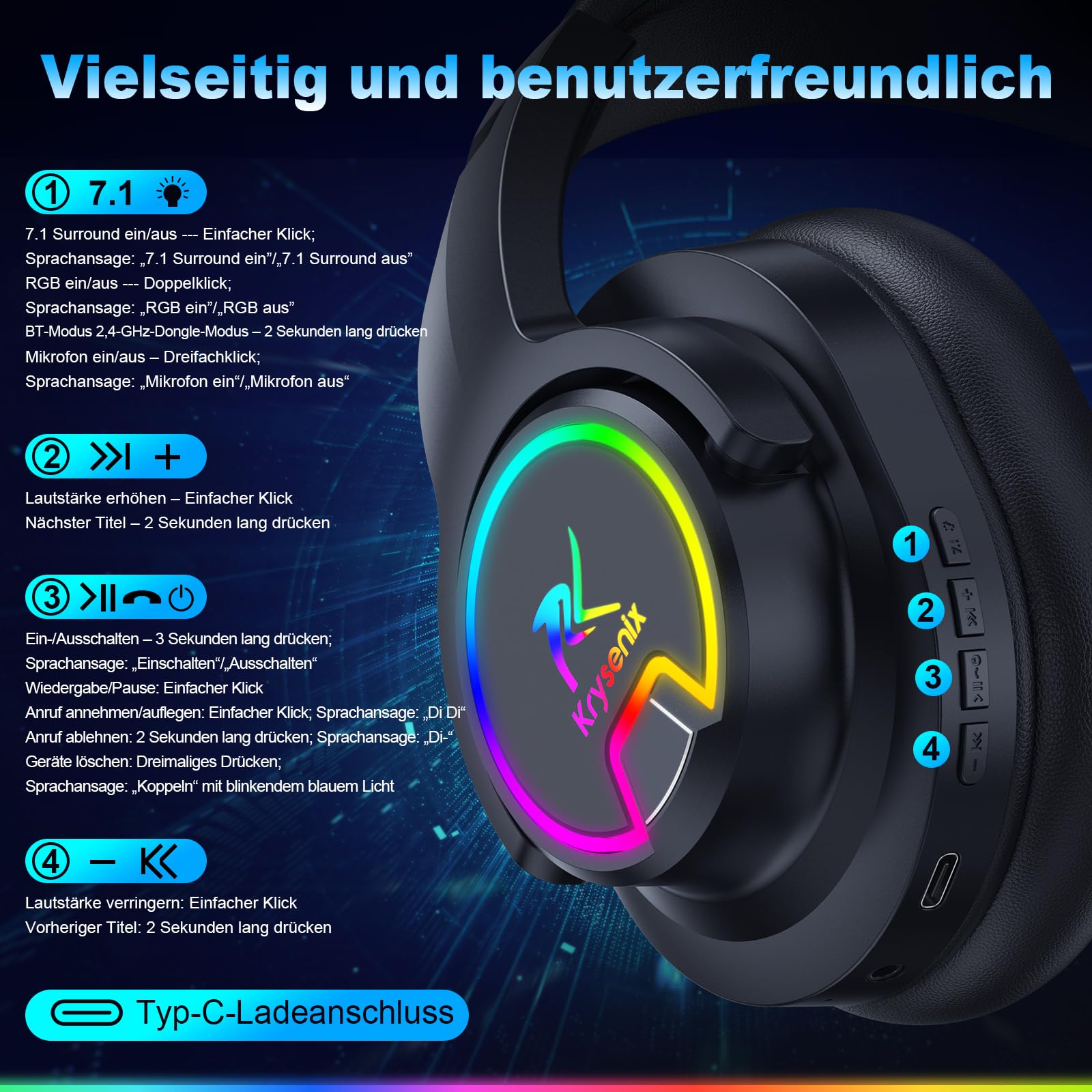 Krysenix PG3 Gaming Headset Wireless für PS4, PS5, PC, Mac, Switch, 48H 2.4GHz Gaming Headset mit Noise Cancelling Mikrofon, Kabelloses Bluetooth Headset mit LED-Lichtern, Surround Sound
