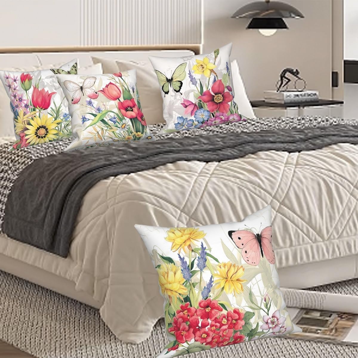 4 Pcs/Set Floral Pillow Covers Pink Yellow Flowers Green Leaves Butterflies Plants Geometric Vintage Throw Pillow Covers for Outdoor Home Couch Sofa Bedroom Farmhouse, 18"x18"