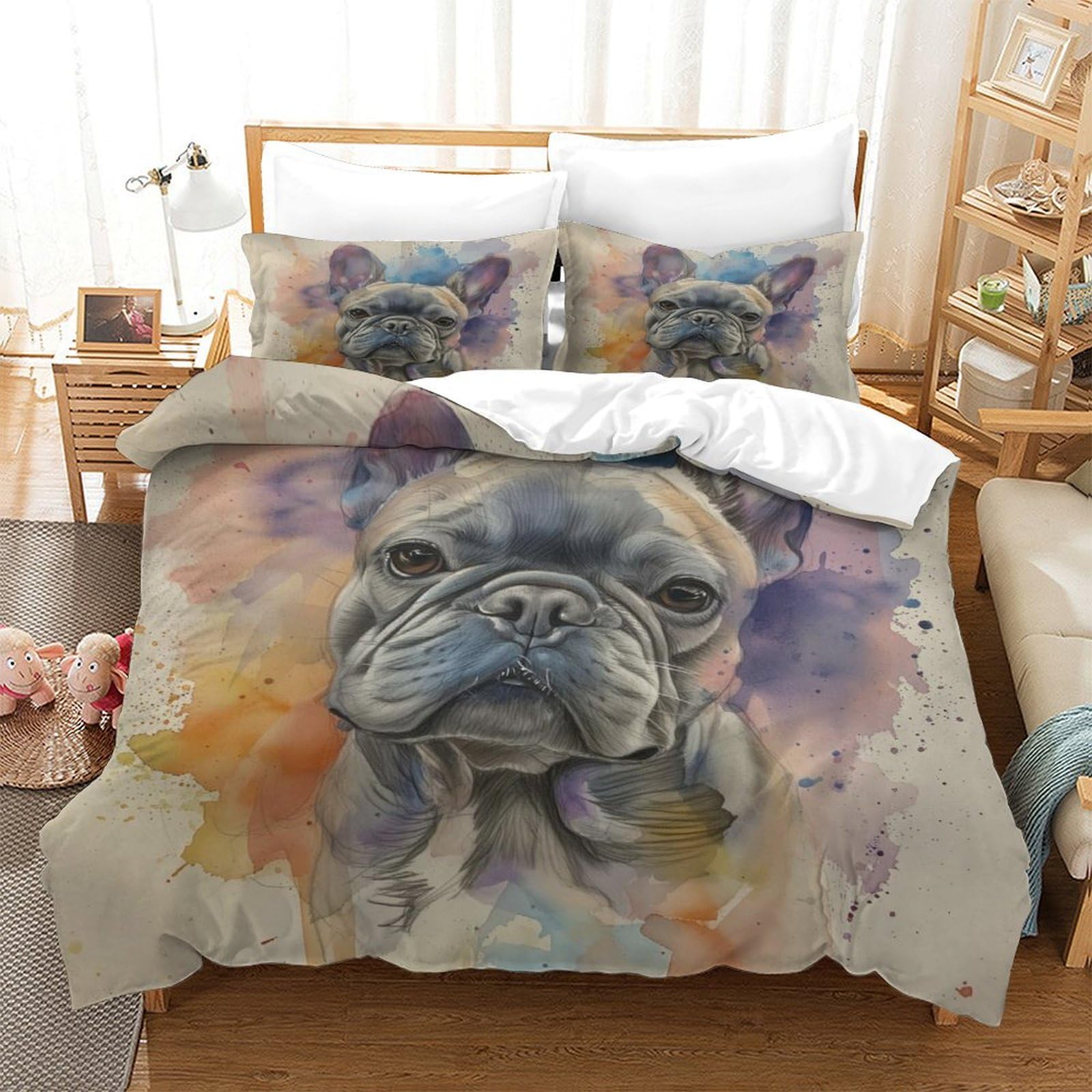P1S9U7W5Y Unique French Bulldog 3D Printed Duvet Cover Set 3 Pieces Microfiber Bedroom Decor Dog Pattern Bedding Set for Adults Teens Double（200x200cm）