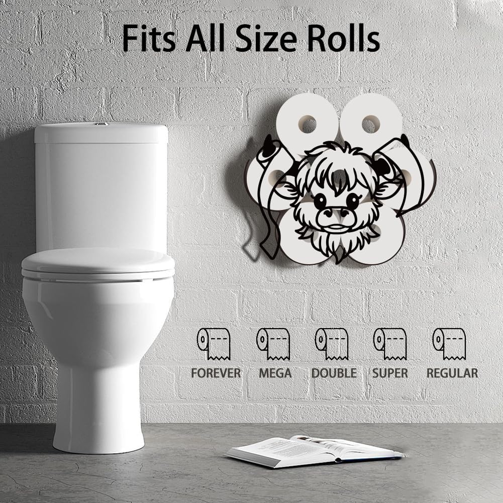 WADORN Highland Cow Metal Toilet Paper Holder for Extra 8 Rolls, Black Highland Cows Toilet Tissue Storage Decorative Toilets Paper Rolls Organizer Wall Mounted for Bathrooms Home Office