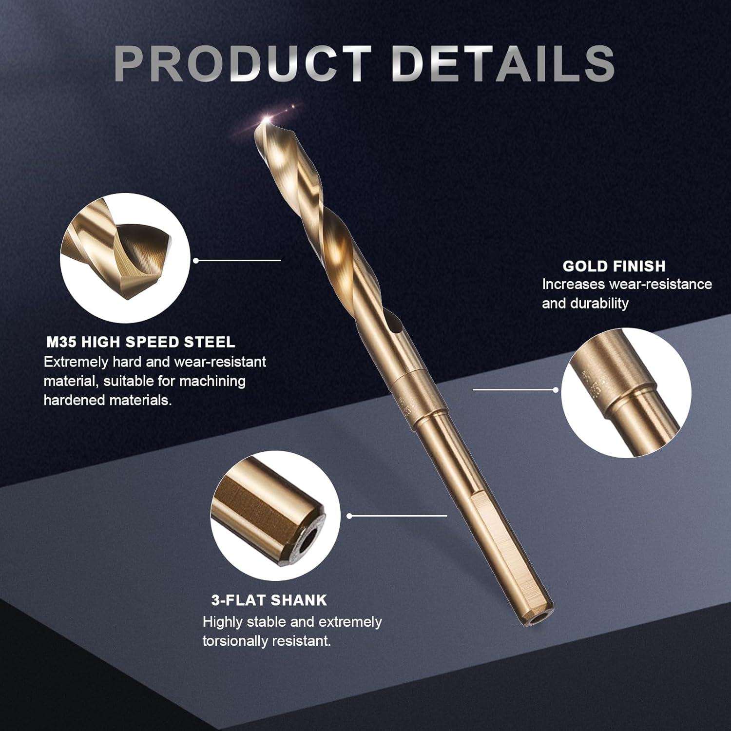 uxcell 7/16" Drill Bit 3/8" Reduced Shank 3-Flat M35 5% Cobalt High-Speed Steel Twist Gold Finish 135° Bits for Hard Metal Stainless Steel,6pcs