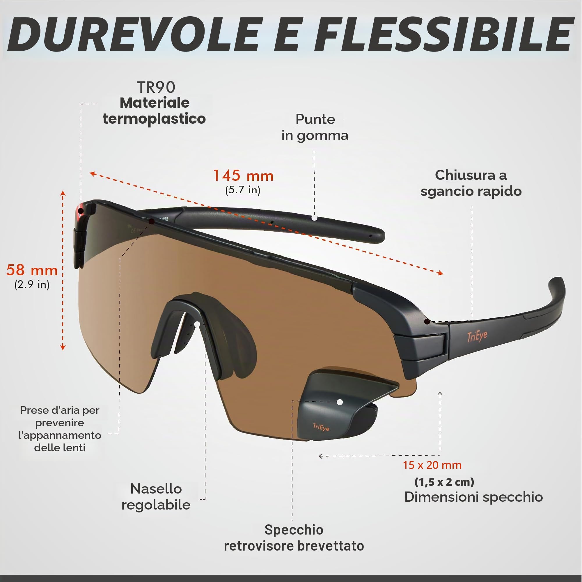 TriEye Occhiali da ciclismo da uomo e da donna con specchietto retrovisore – fotocromatici UV400 – Occhiali sportivi antivento per bici da corsa e mountain bike