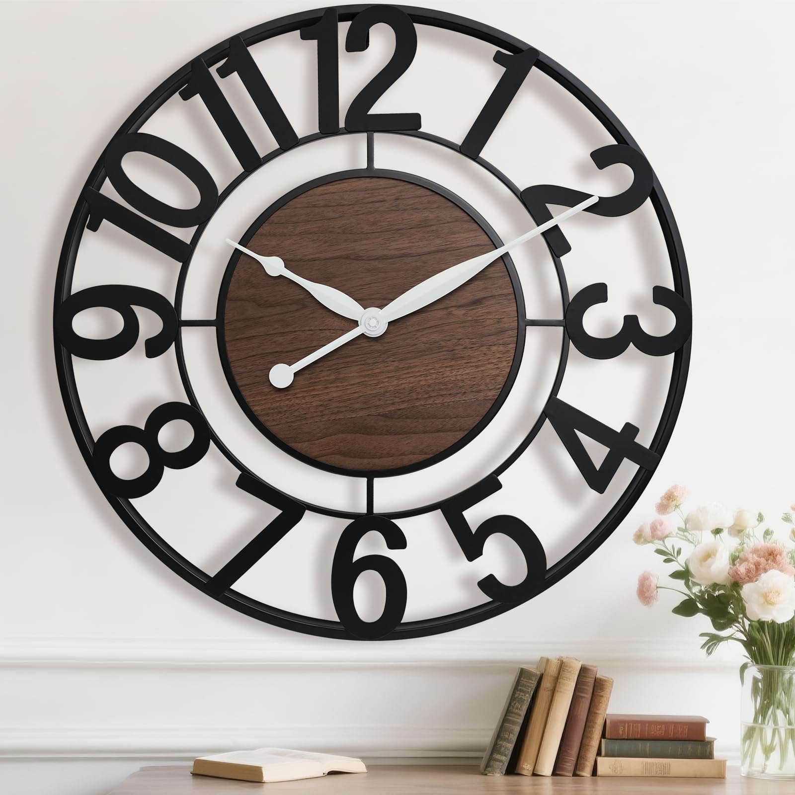 Pytha Sight Duże zegary ścienne do salonu, duże nowoczesne dekoracyjne czarne ponadwymiarowe 75 cm metalowe cyfry arabskie zegar ścienny z elegancką tarczą orzechową do biura, kuchni, kominka | Zegar ścienny w stylu vintage z cyframi arabskimi, nietykając