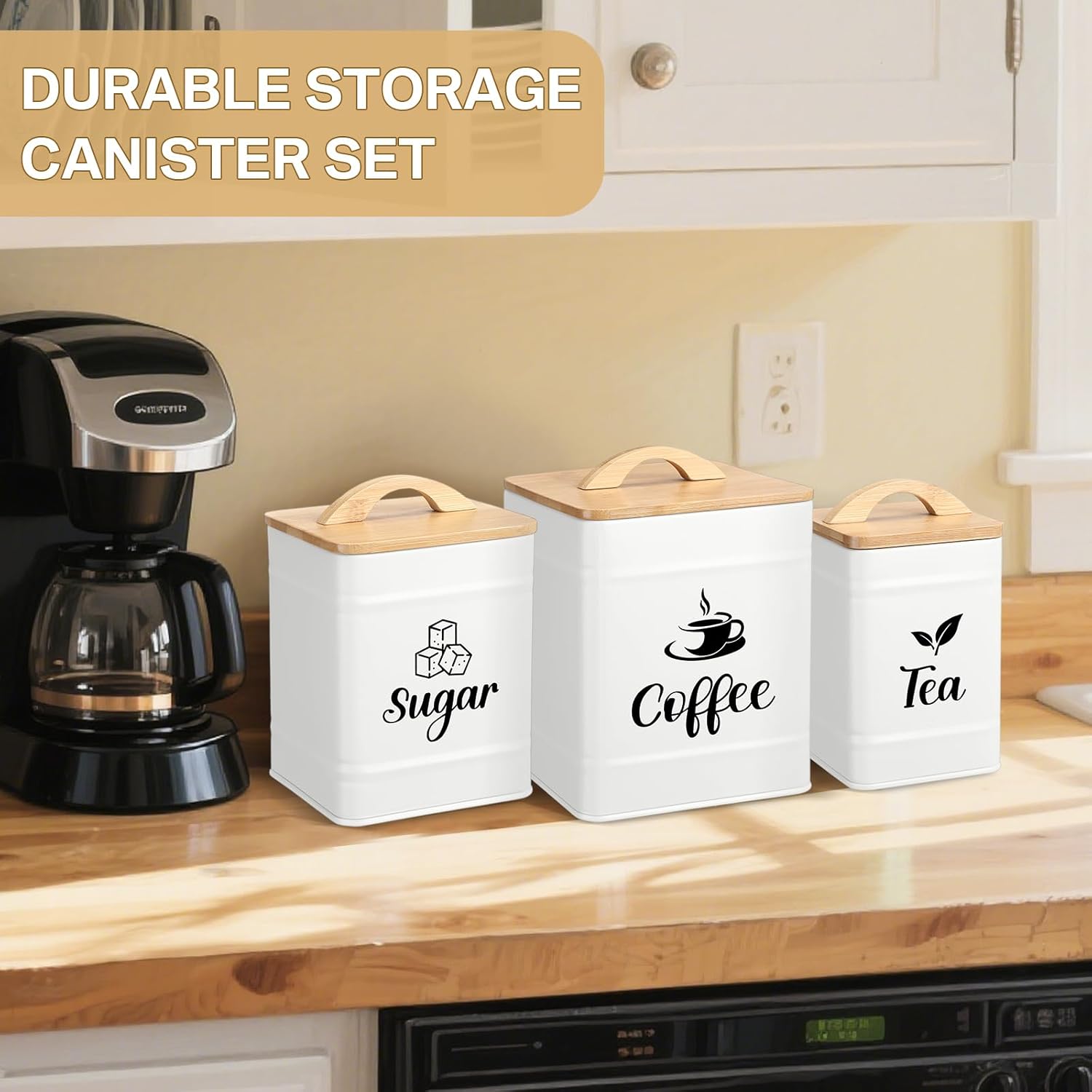 Maxdot 3 Set Coffee Sugar Tea Containers, Square Airtight Kitchen Canisters Storage Ground Organization with Bamboo Lids Rustic Metal Jars for Coffee Bar Beans, Tea Leaves, Food, Countertop(Cream)