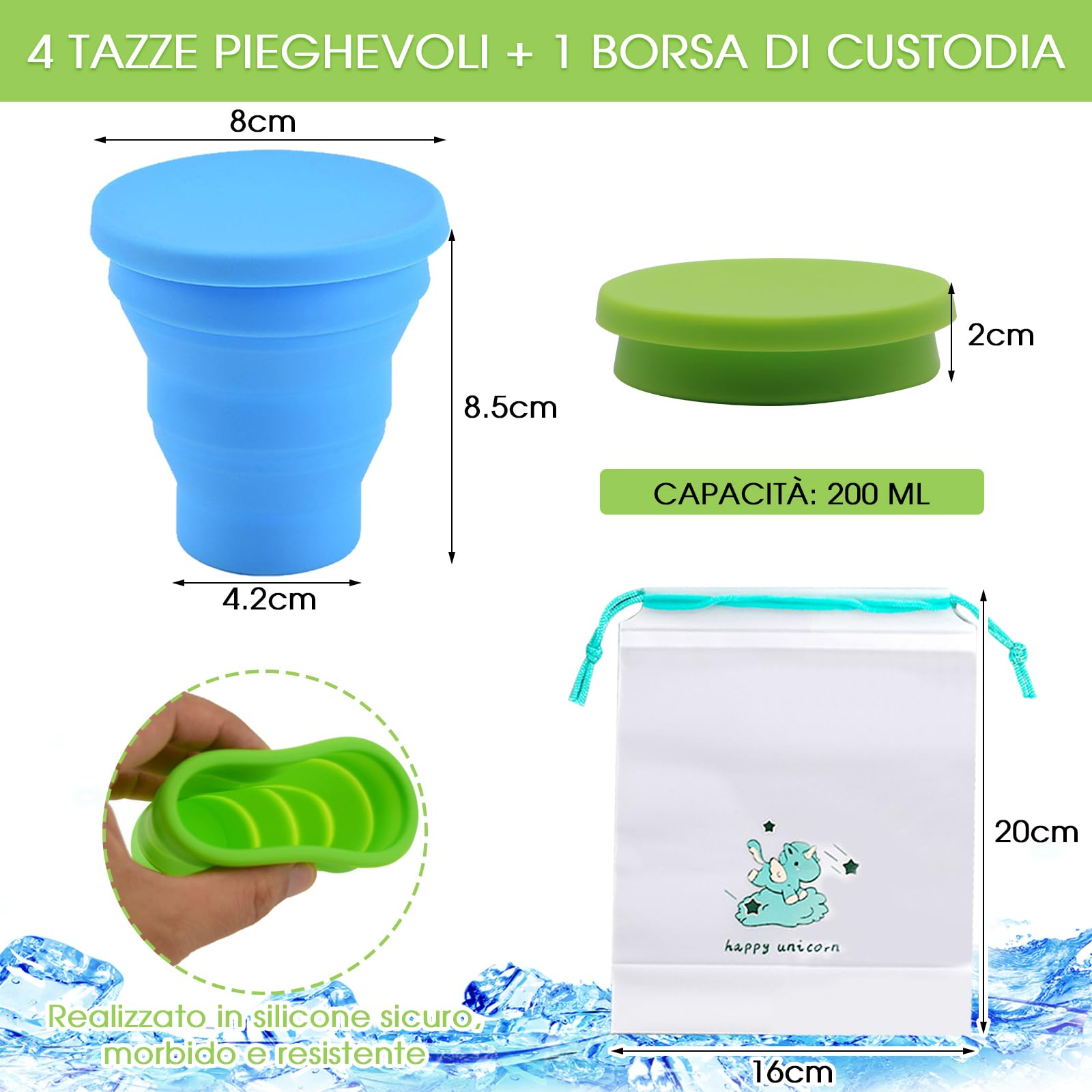 4 Pezzi Bicchiere Pieghevole Silicone, 200ML Bicchiere Pieghevole da Viaggio Tazza in Silicone per Viaggio Campeggio Escursionismo e Lavoro
