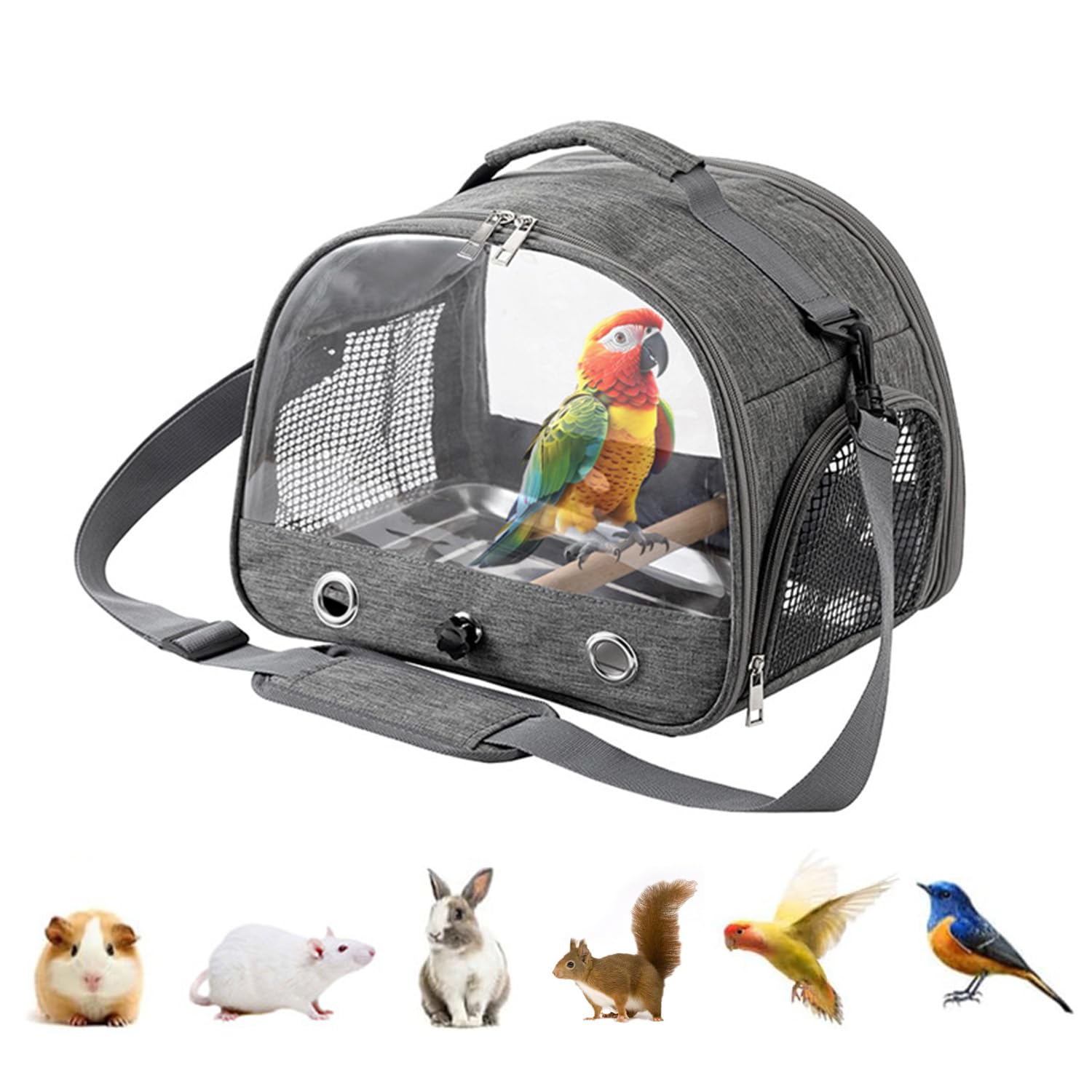 Bolsa de transporte para pájaros, portátil, transpirable, jaula de viaje con bandeja y postes de acero inoxidable, apto para pájaros, animales pequeños (gris)