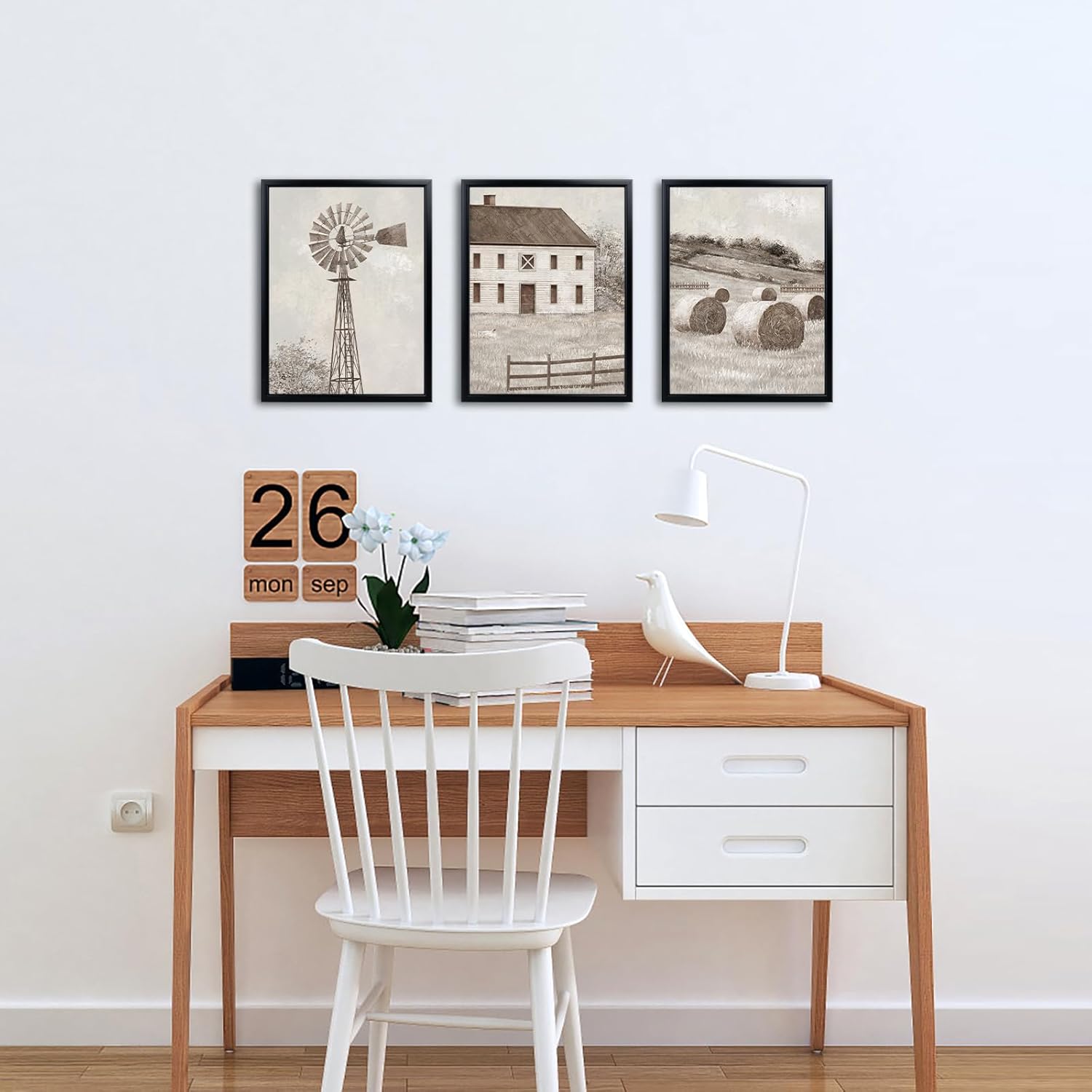 HOMEOART Farmhouse Wall Art Rustic Rural Landscape Barn Windmill Art Print Country Farm House Bathroom Bedroom Wall Decor, Set of 3, Black Frame, 12x16 inch x 3Pieces