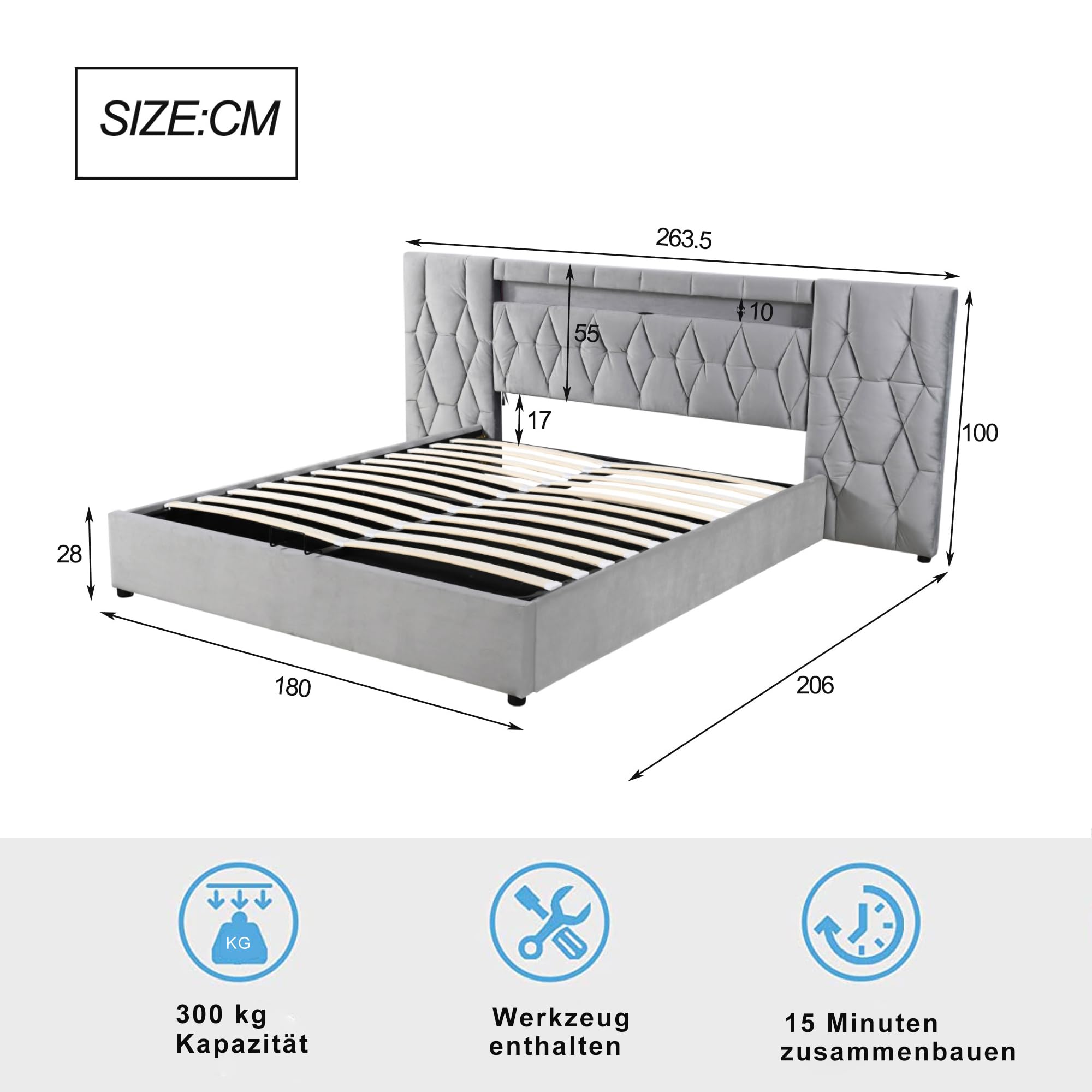 Gestoffeerd bed 180x200 met velours bekleding - LED - Grijs - COMOVES