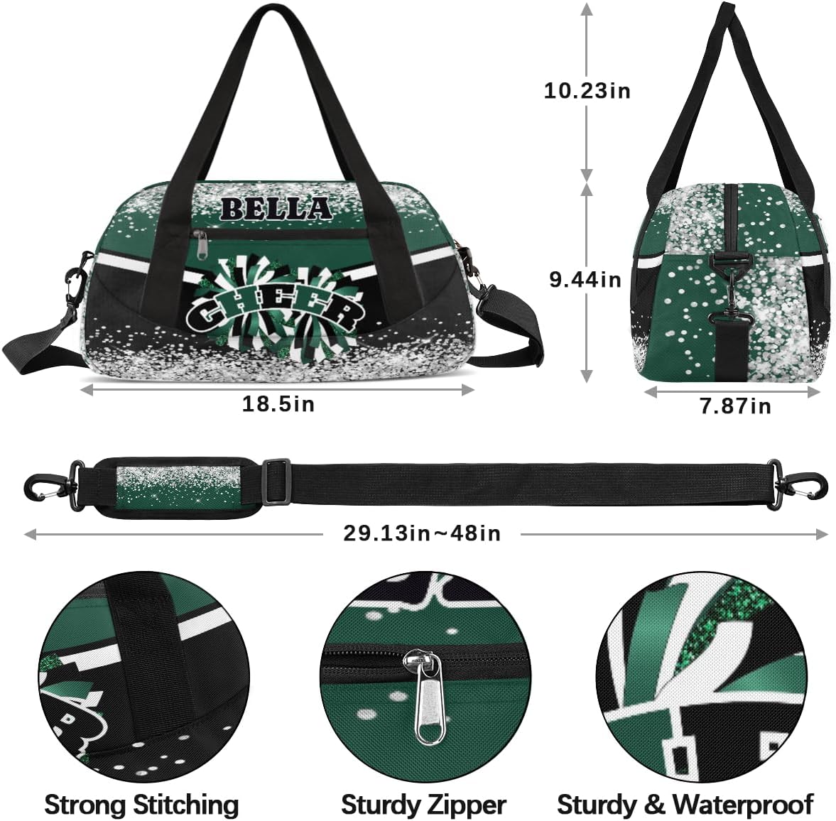 Custom Kids Sports Duffel Bag Green Black Glam Personalized Dance Gym Bag for Boys Girls Lightweight Weekender Travel Duffle Cheer Bag - Image 3