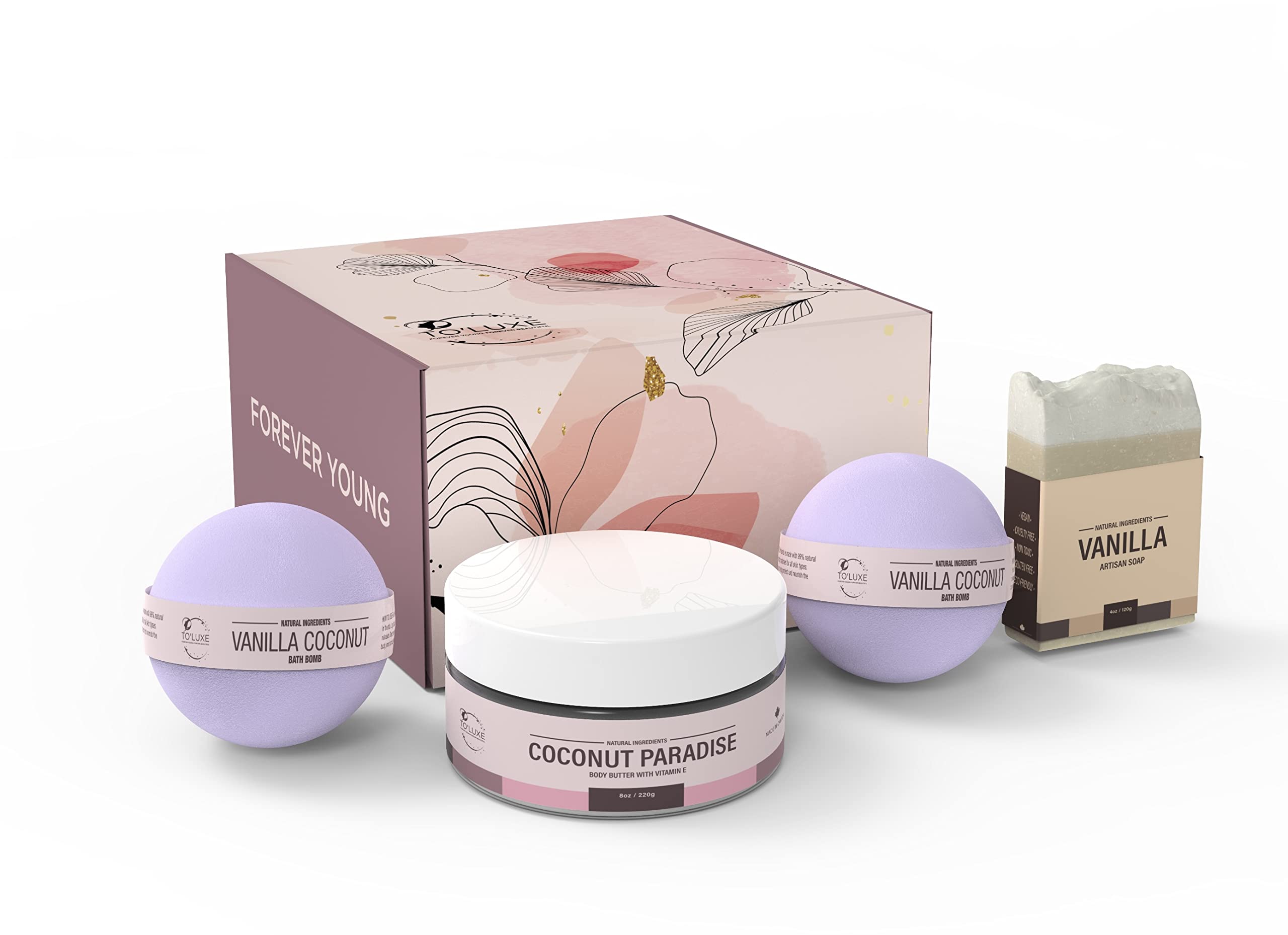 Organic Gifts / Spa Set / Basket for Women. Valentine's Day & Birthday Gift Idea. 4 Essential Products: Body Butter, 2 Bath Bombs, Artisan Soap.