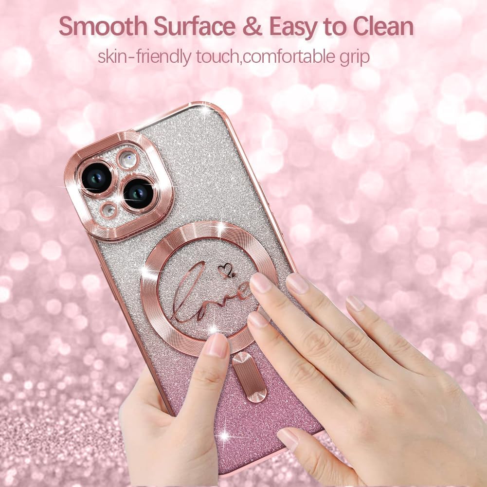 ZIYE Magnetic Case Designed for iPhone 13 Glitter Case Luxury Plating Love Heart Compatible with MagSafe Clear Case with Camera Protector Protection Shockproof Cover for Women Girls-Pink - Image 5