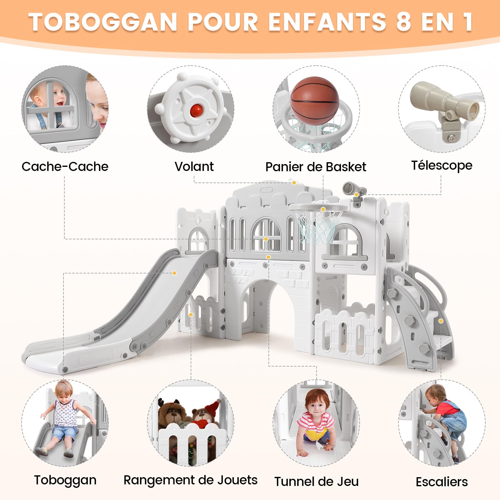 Tobogán Infantil 8 en 1 con Cesta de Baloncesto, Toboganes Infantiles Exteriores y Interiores con Escalera de Escalada, Telescopio y Túnel de Juego, Espacio de Almacenamiento, 1+ (Gris)