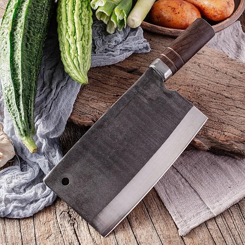 MAYIT Meat Cleaver Knife, 8 Inch Handmade Forged Knife Sharp Chopper Machete Chef Cleaver Longquan Kitchen Knife Bone Meat And Poultry Tools Wenge Handle, MAYiT5475
