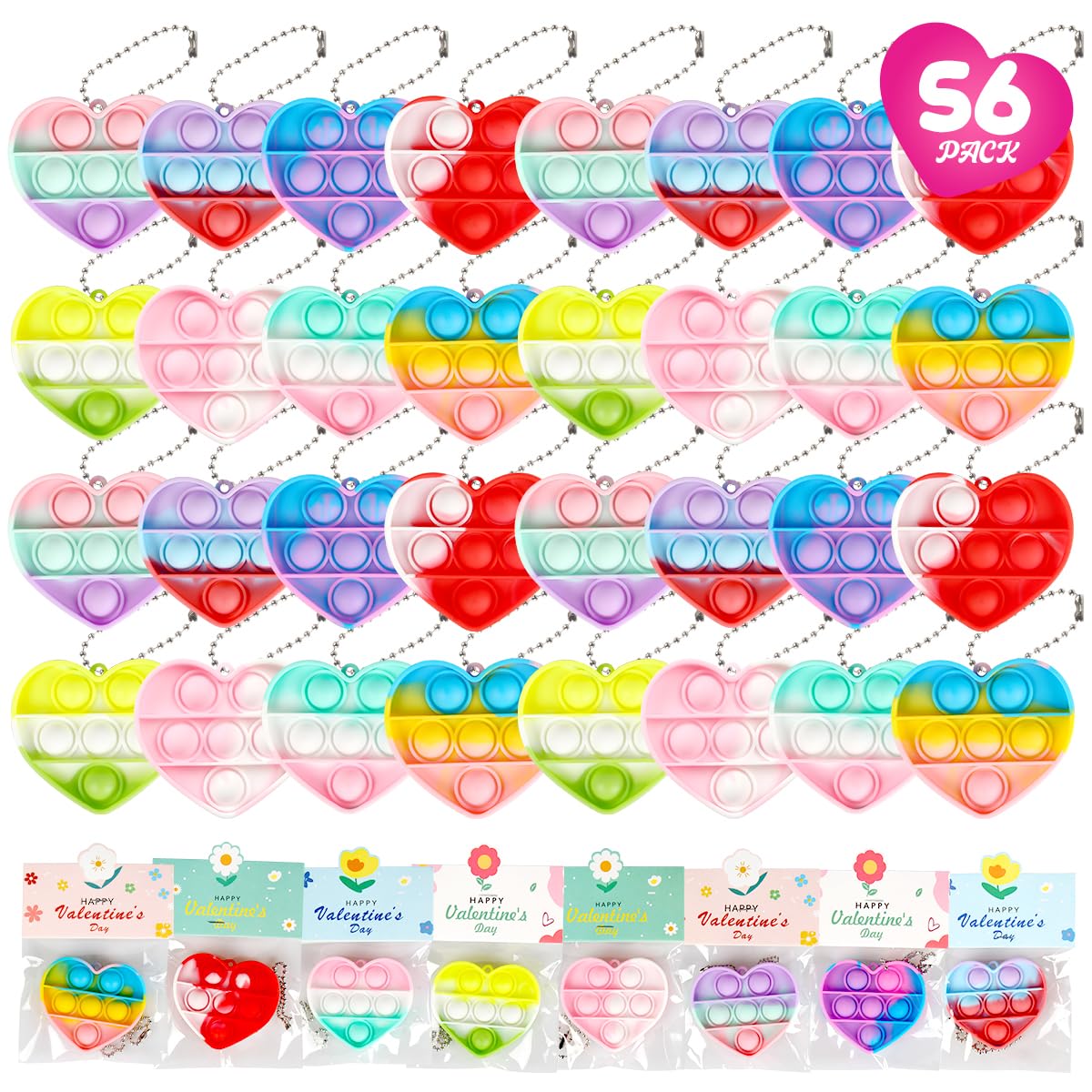 56 Pack Prefilled Valentines Day Pop Fidget & Cards Set for Kids Classroom - Mini Heart-Shaped Toys, Perfect Gifts for School Class Exchange & Party Favors