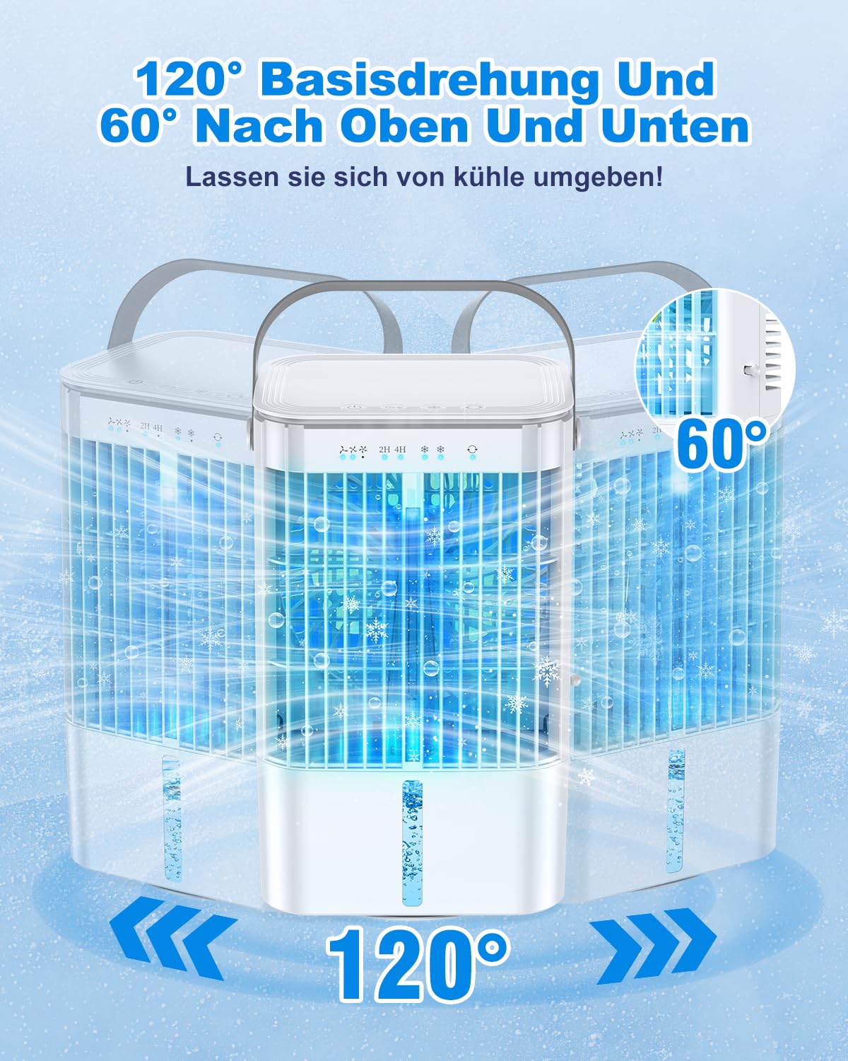 RenFox Mobiler Klimaanlage 4 in 1 Energiesparender Mini Luftkühler mit großem wassertank (1200 ml), 3 Stufen Verdunstungskühlung, 7 Farb LED, Timer und geräuscharm für Home Office und Schlafzimmer