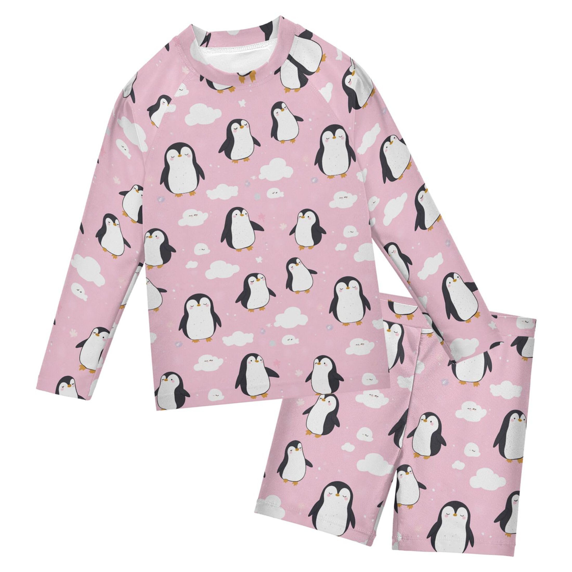 Cute Penguins Boys Rash Guard Swimsuits Set for Boys Long Sleeve Swim Shirts Bathing Suits with Trunks B0404953
