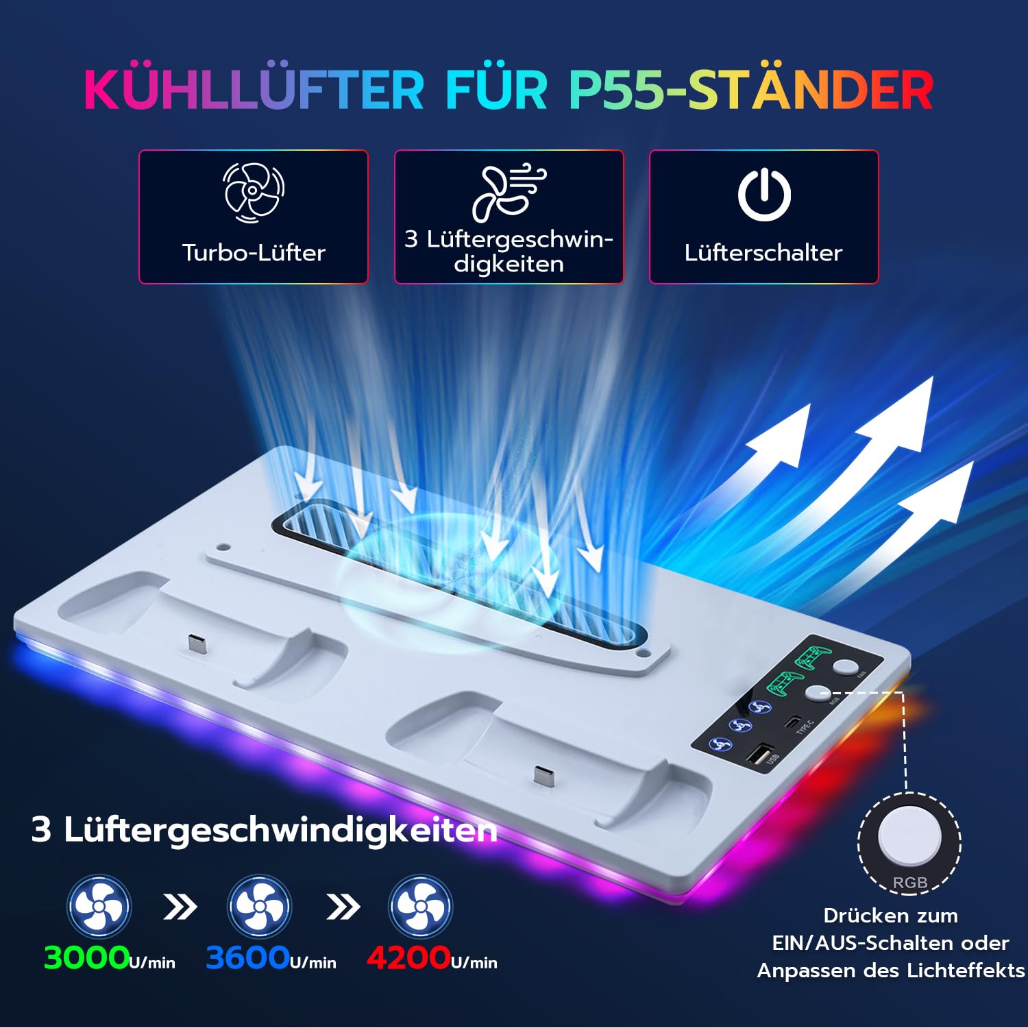 Vertikale Standfuß mit Kühlung für PS5/Pro/Slim, Dual Controller Ladestation Ständer mit 3 Stufen Lüfter/RGB Licht für PlayStation 5 UHD& Digital /PS5 Slim Disc & Digital