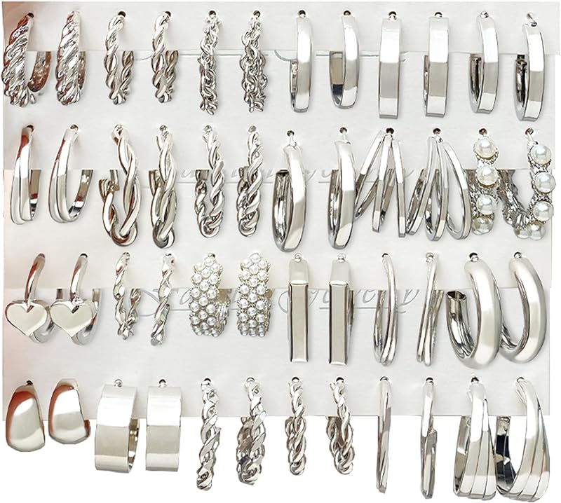 IFKM 24 Pairs Gold Hoop Earrings Set for Women Hypoallergenic Chunky Chain Twisted Open Hoops Dangle Earring Packs for Birthday Party Christmas Fashion Jewelry Gift