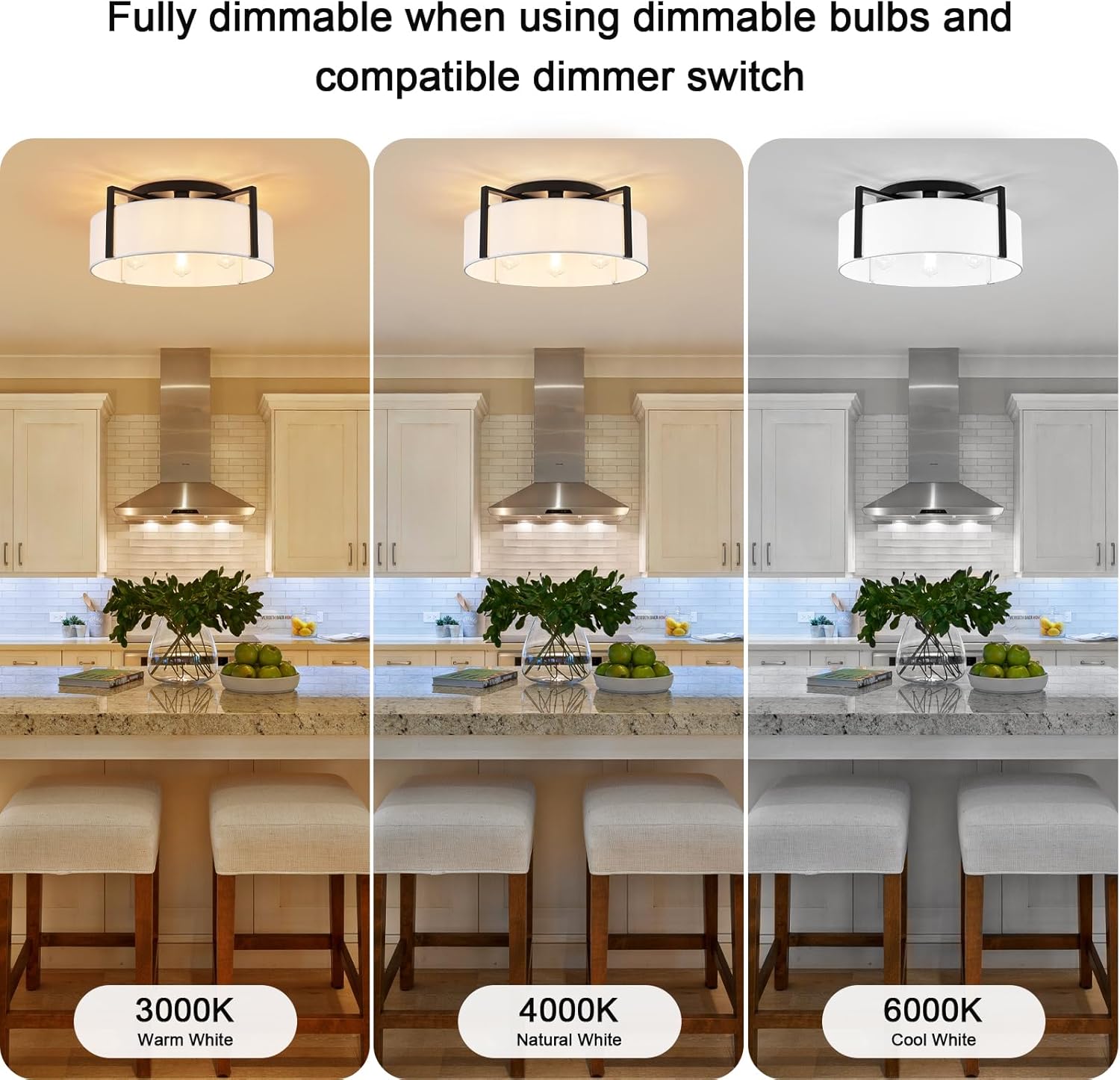 20.5" Semi Flush Mount Ceiling Light, 4-Light Modern Kitchen Hallway Light Fixtures with Drum White Shade, Metal Close to Ceiling Lights for Entryway Living Room Bedroom Dining Room Foyer, Black