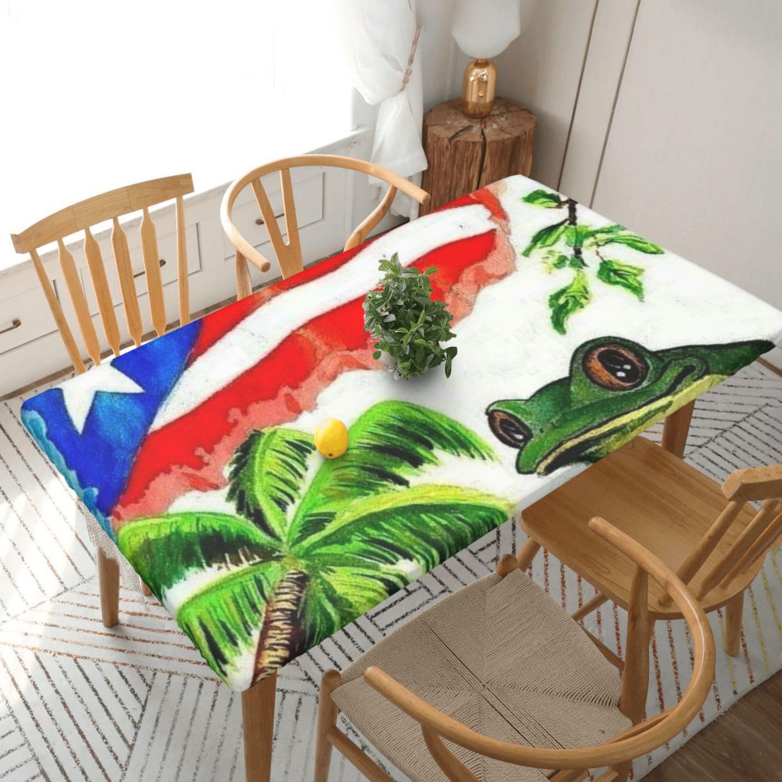 BNVSADC Puerto Rico Flag Frog Palm Trees Printed 5FT Tablecloth Polyester Kitchen Water Resistant Table Cloth Dining Table Decoration Table Covers, 152x76 CM