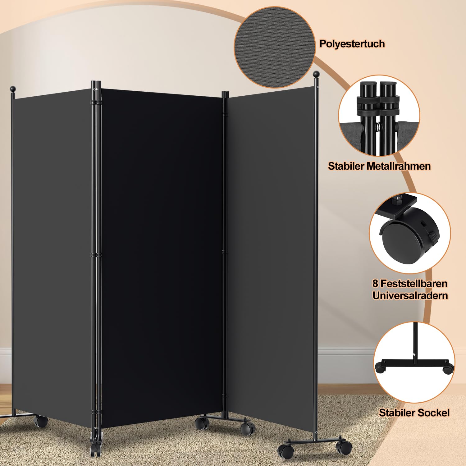 263 x 181 cm Séparateur de pièces sur roulettes, Paravent pliable 3 parties, Cloison de séparation en métal et polyester, Brise-vue Room Divider intérieur pour la maison, le bureau, la terrasse