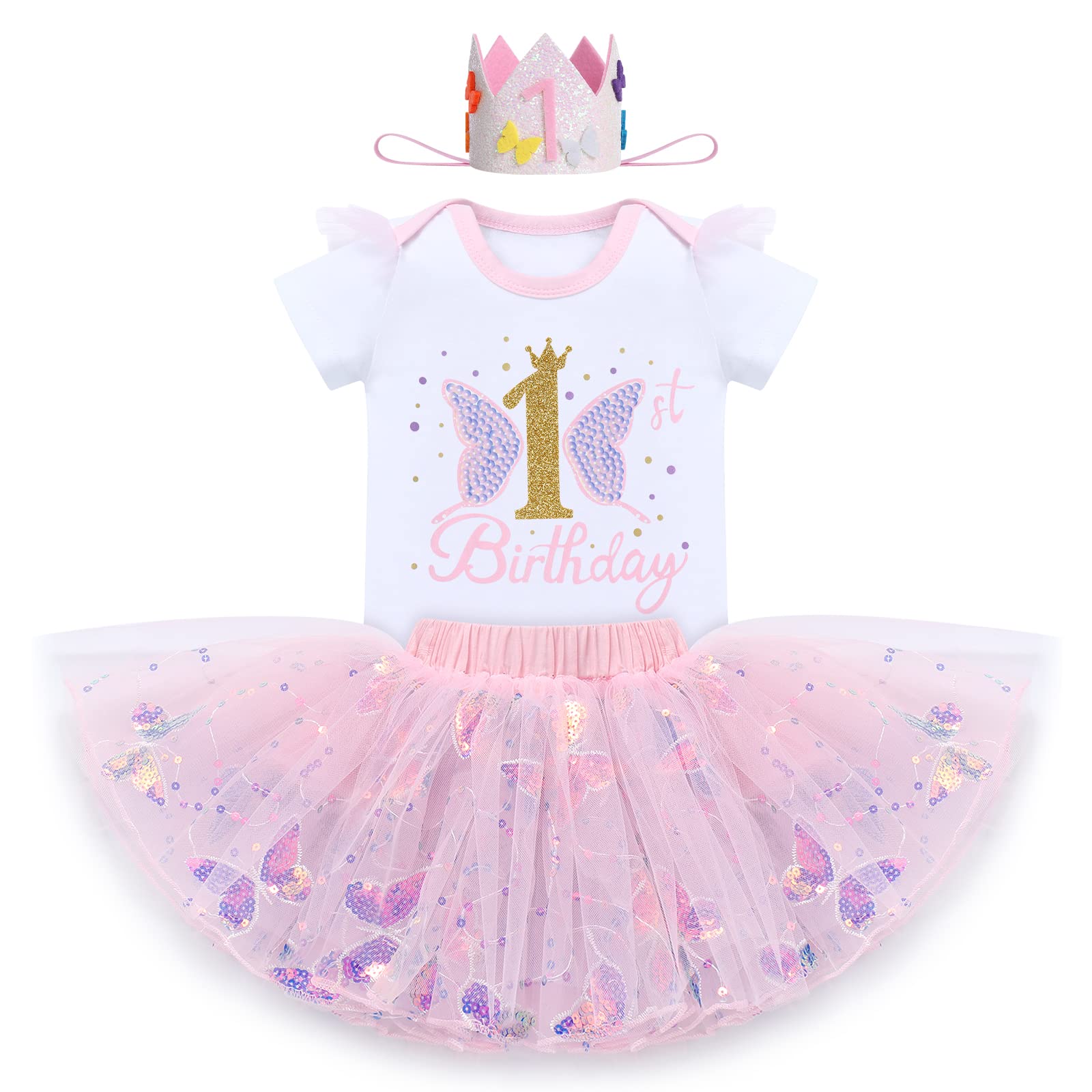 IDOPIP Butterfly 1st Birthday Outfit Baby Girl Sequin Butterfly Romper Tutu Skirt Headband Costume for Cake Smash Photo