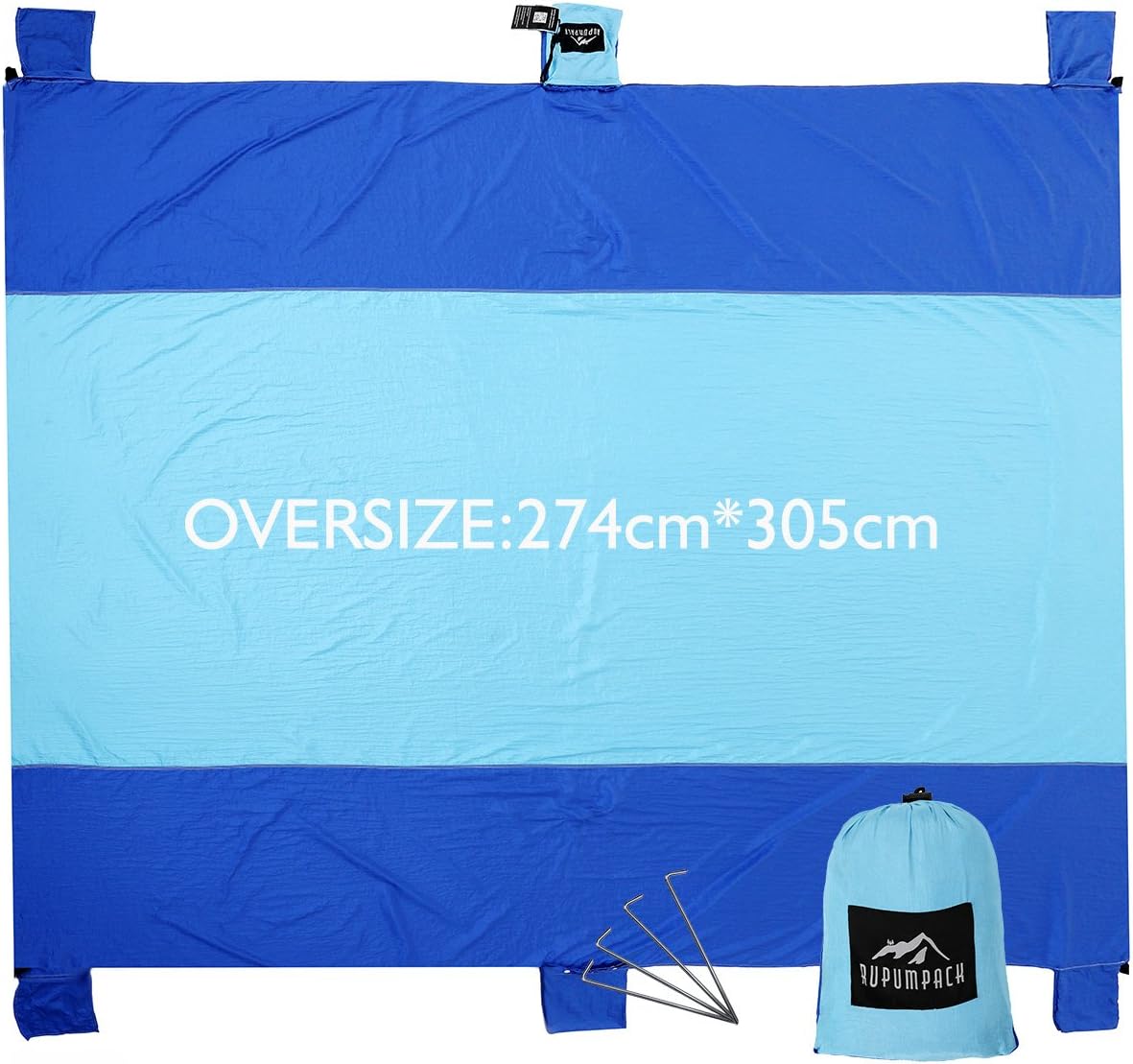RUPUMPACK Sand Escape Oversized Beach Blanket - 9' X 10', Portable Outdoor Picnic Mat, Strong Parachute Nylon, Machine Washable,Includes Four Stakes, Built In Sand Anchors & Valuables Pocket…