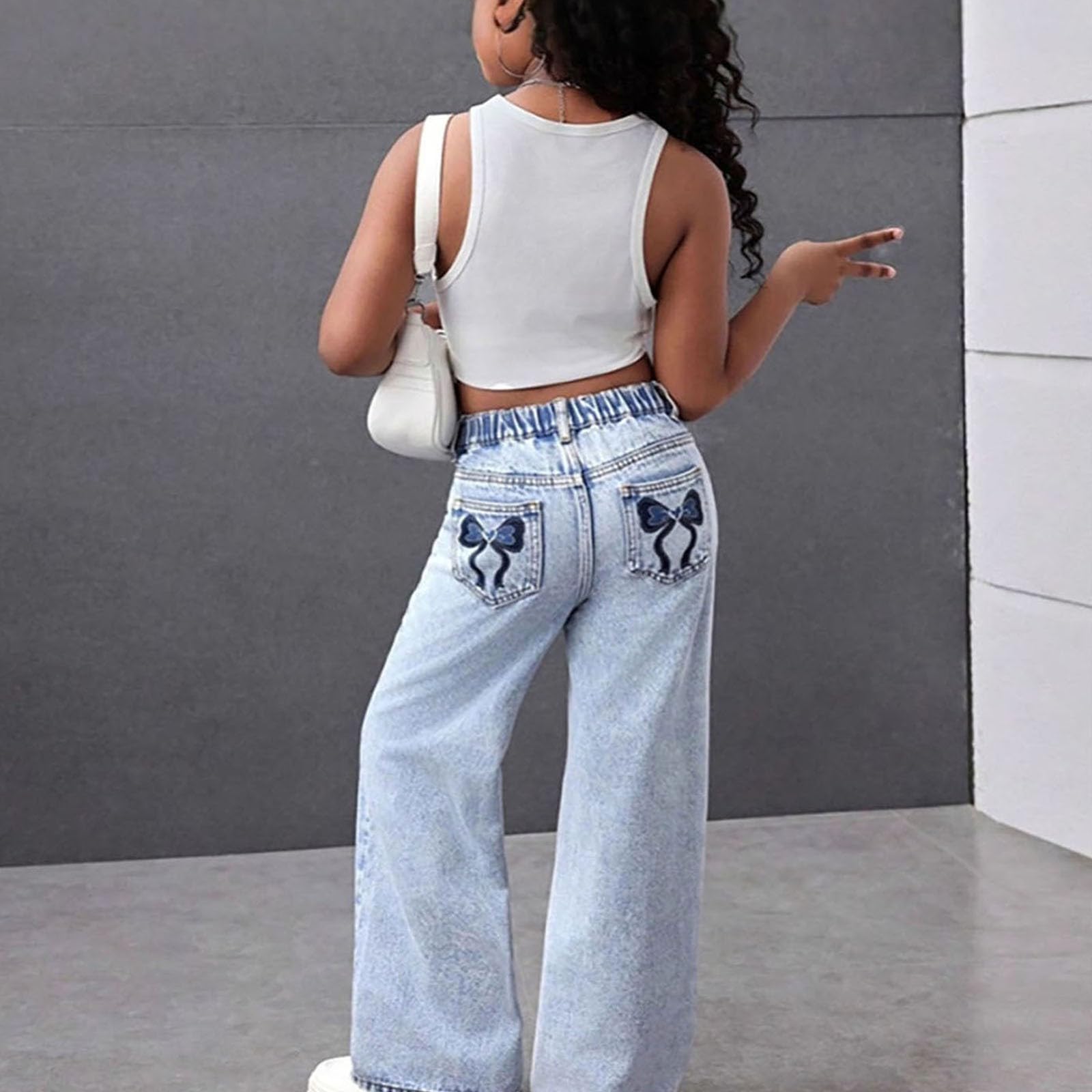 Jeans, alla Moda con Gamba Dritta, in Denim Lavato E Ricamato con Tasca Posteriore per Ragazze Adolescenti dai 9 Ai 13 Anni, Ideale per La Scuola