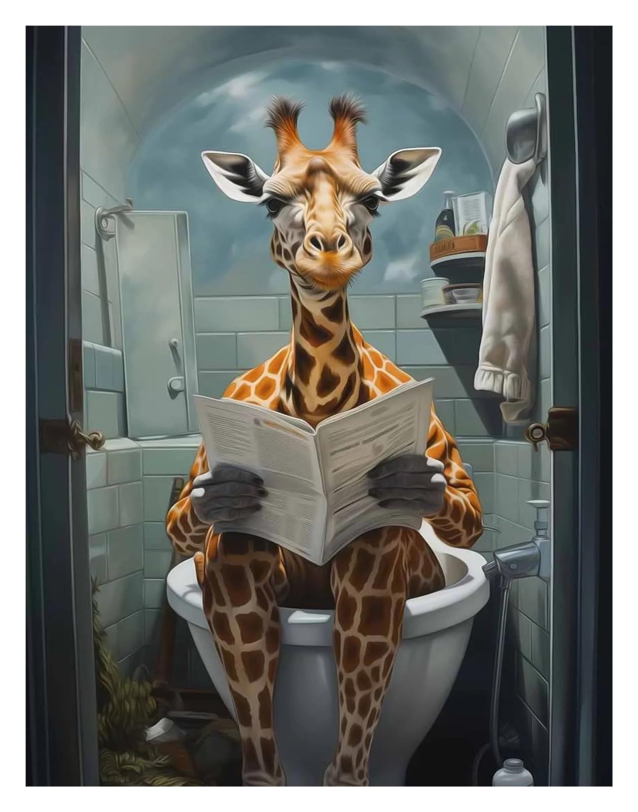 XENITE Wall Art Canvas Prints Funny Animal Rabbit Giraffe Frog Sitting On The Toilet Reading Newspaper Canvas Painting Poster Prints Wall Art Pictures Home Decor(G,30x40cm)