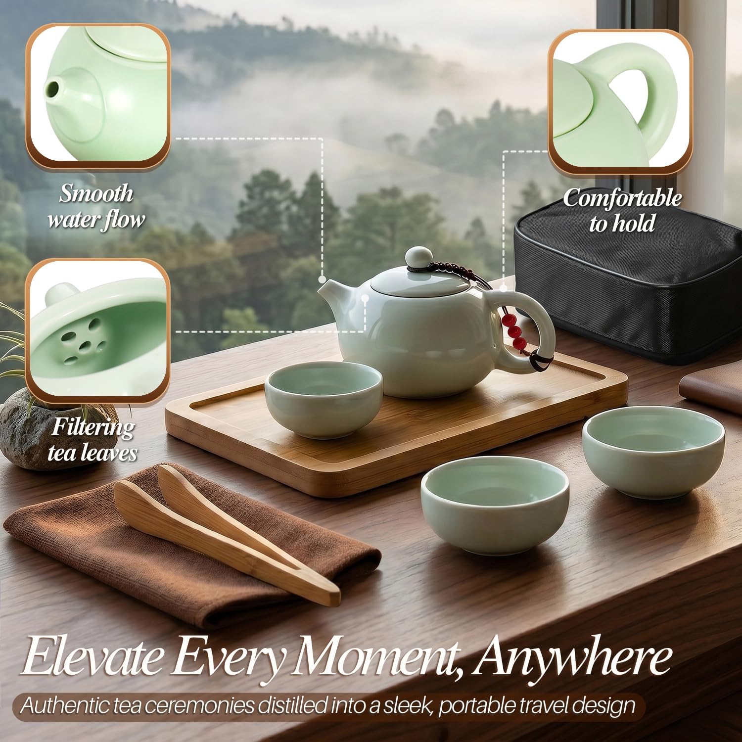 Flexzion Japanese Tea Set, Portable Gongfu Teapot with 4 Cups, Green