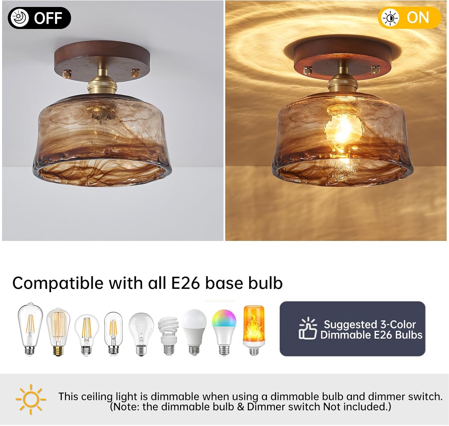 6.7'' Semi Flush Mount Ceiling Light,Mid-Century Modern Ceiling Light Fixture,Brown Glass Lampshade Vintage Hallway Lights Fixtures,Wood Base Flush Mount Ceilings Lights for Bedroom【No Bulb Included】