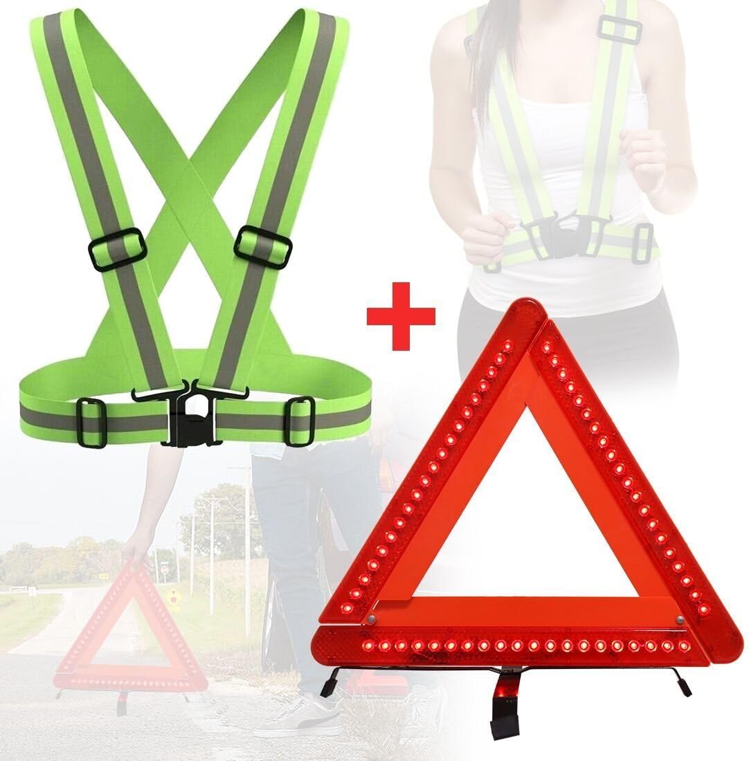 Triple Warning Triangle Roadside Emergency Light Foldable Emergency Triangles + Reflective Vest Belt for Roadside Repairs, Parked Vehicles, Construction Sites, Directing Traffic