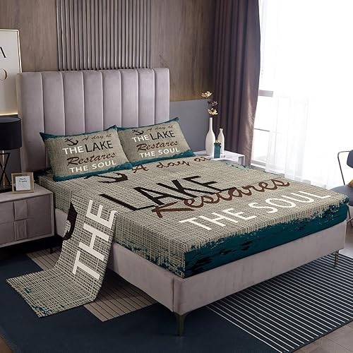 Lake House - Juego de sábanas tamaño Queen, juego de ropa de cama con temática náutica de lago y océano para niños y adultos, juego de sábanas de