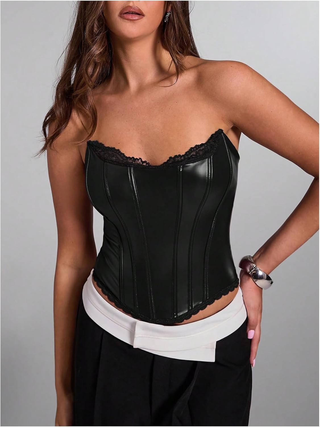 WDIRARA Women's PU Leather Corset Tube Top Lace Up Back Strapless Bandeau Bustier Crop Tops - Image 4