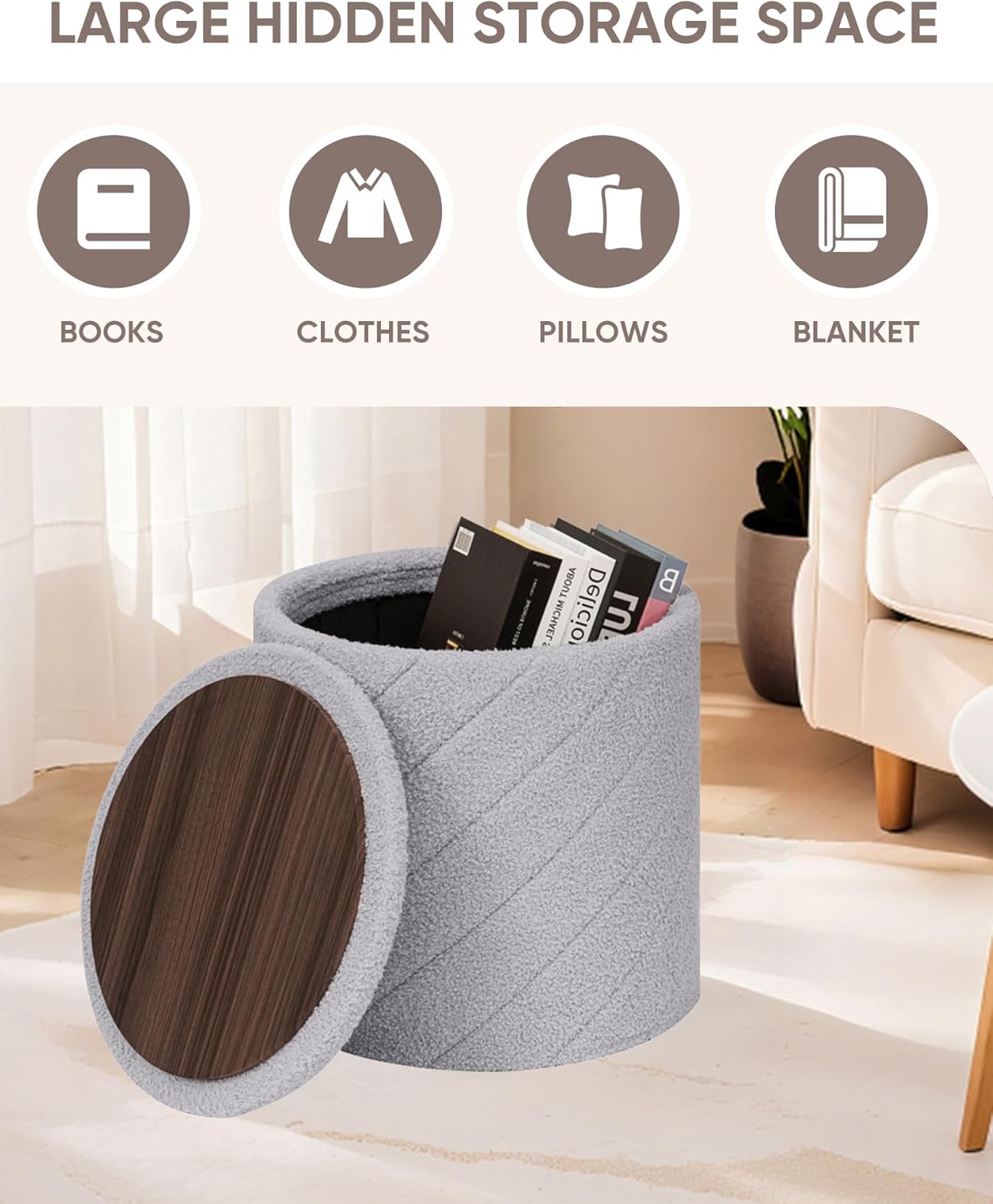 b fsobeiialeo ottoman with stroage, boucle round storage ottoman with tray,foot rest stool for dorm room, living room grey, 16.93"x16.93"x17.72" 16.93x16.93x17.72 inches grey