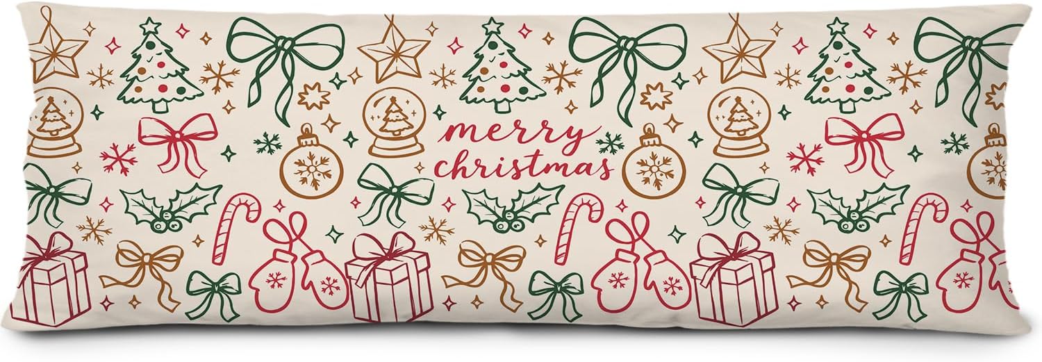 KEUSPI Coquette Red and Green Christmas Body Pillow Cover 20x54, Preppy Christmas Decor, Festive Xmas Winter Holiday New Year Decorative Long Hug Pillow Covers for Couch Bed