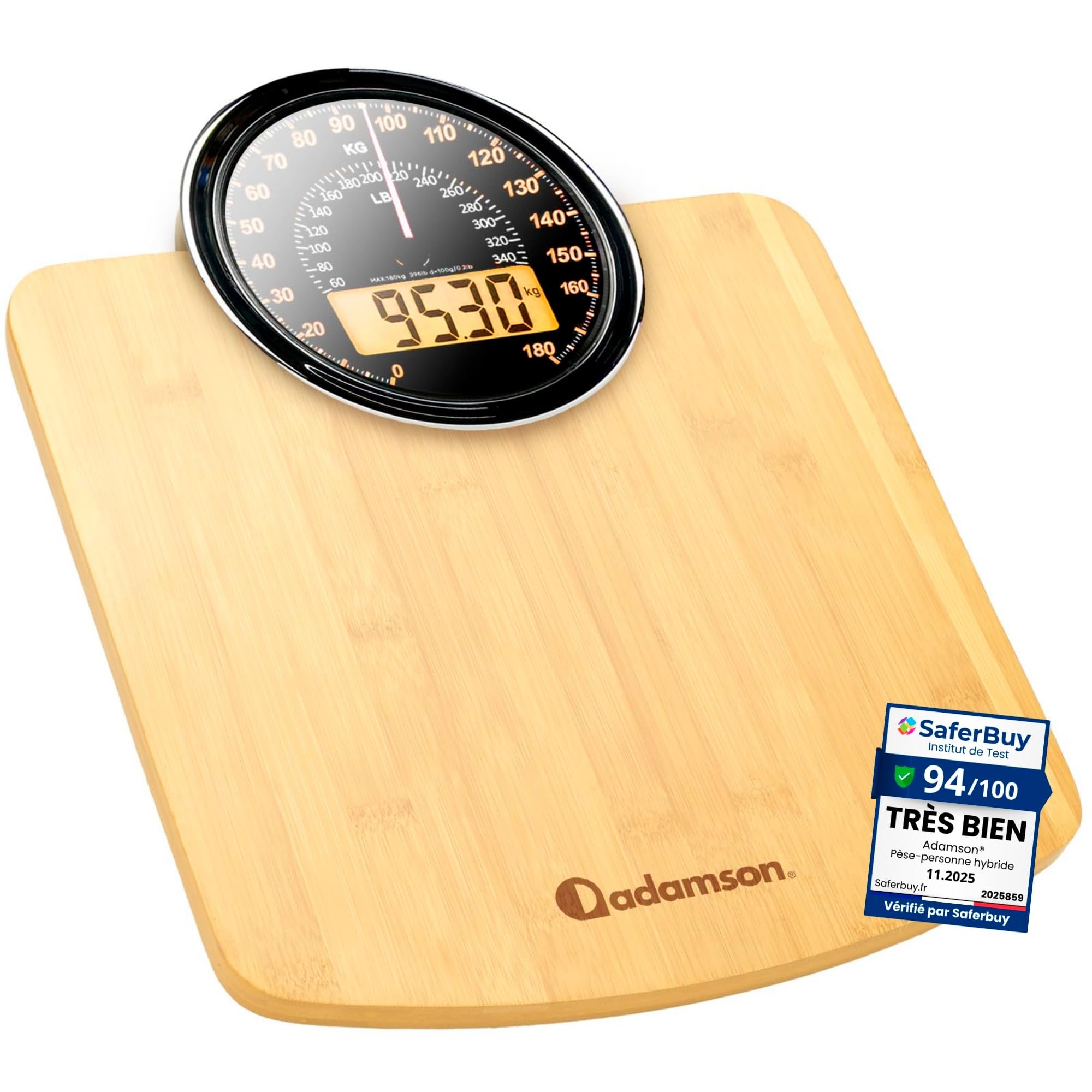 Hybrid Pèse-Personne - Analogique & Digital, Précis jusqu'à 180 kg | Lisez votre poids sur cadran analogique et LCD en même temps. Large plateau, 3 piles AAA incluses, prêt à l'emploi.