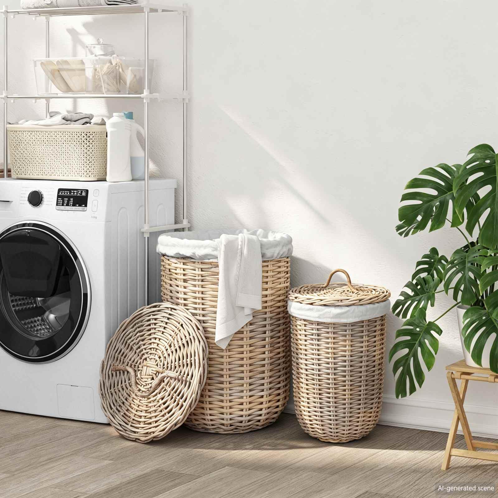 Wäschekorb Mit Deckel 2 Stück Kubu Rattan Grau | Zylindrisch, 42x60 cm und 30x45 cm, Innenfutter aus Belacu-Stoff, für Schlafzimmer und Wohnzimmer