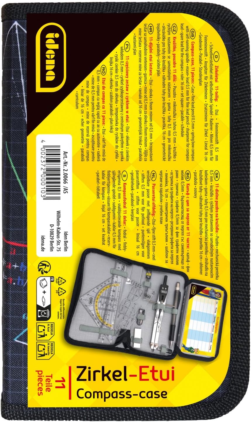 Idena 20066 Compass in Case, 11 Pieces, with Protractor, Ruler, Replacement Leads for Compass, Mechanical Pencil & Refills, Timetable, Eraser & Sharpener