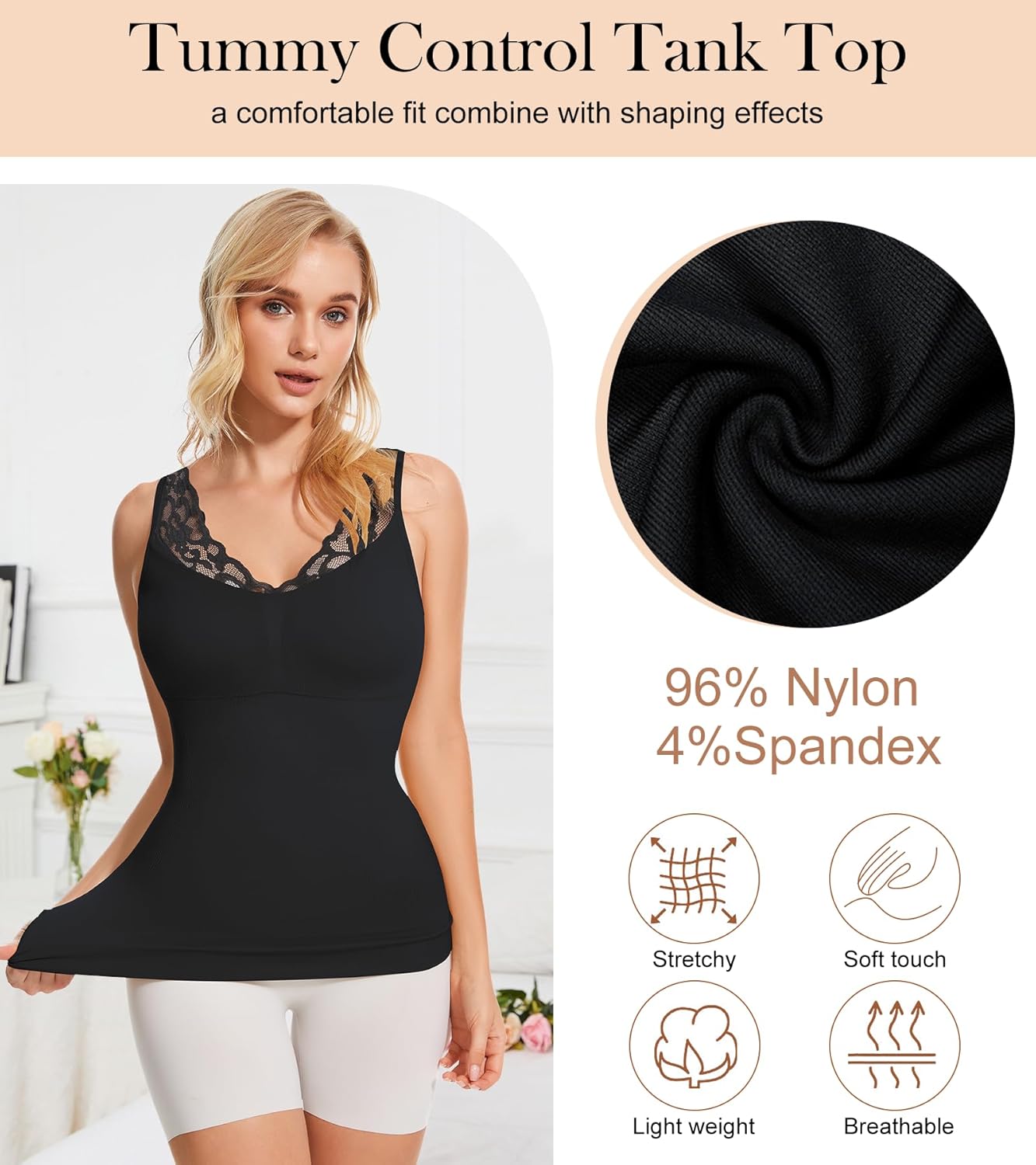 Camisoles With Built in Bra - Compression Shapewear V Neck Tank Tops for Women Lace Cami Shaper Tummy Control - Image 5