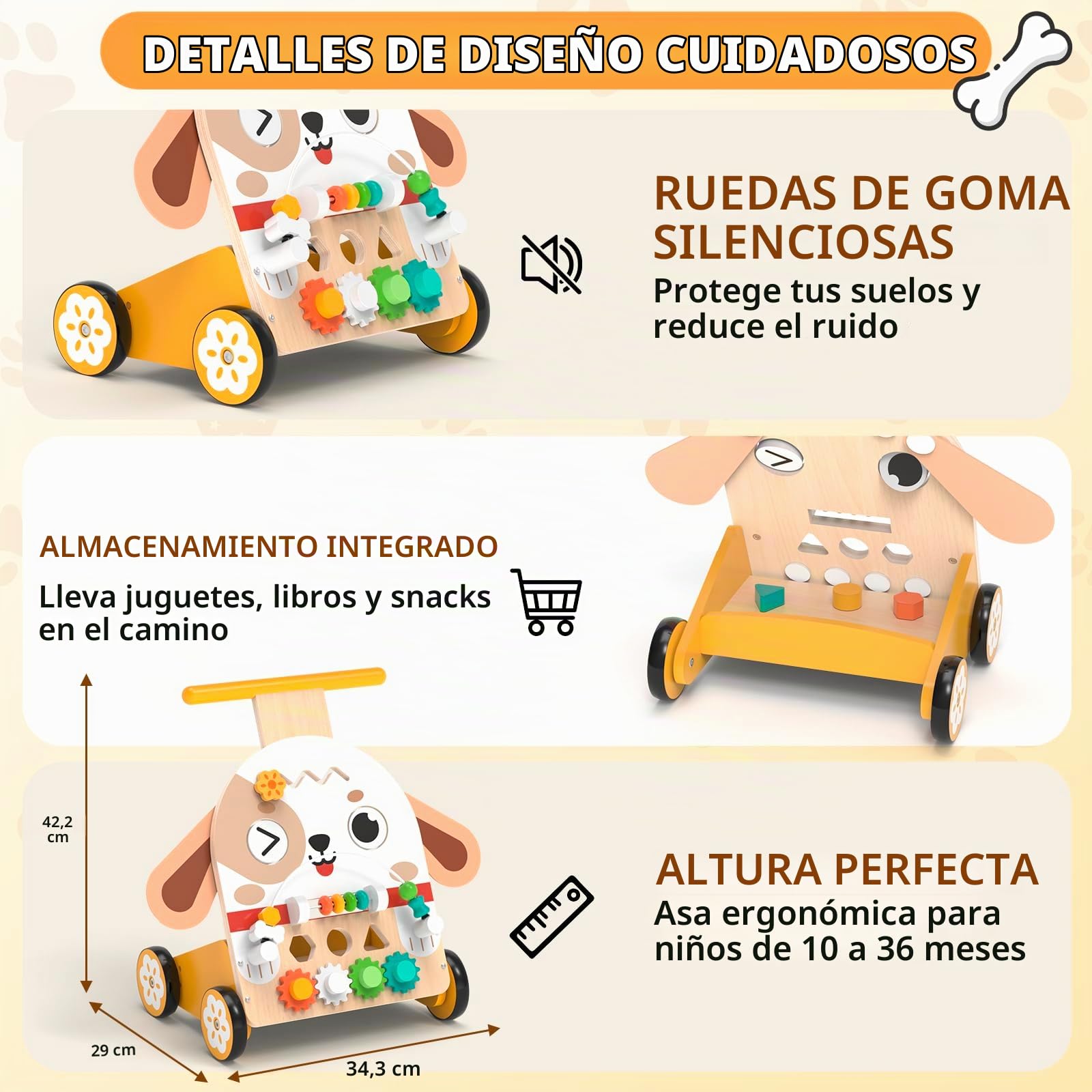 Andador de Madera Perro Montessori 6 en 1, Correpasillos