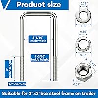 Vista 2 de 4 piezas Hotop pernos en U cuadrados de acero inoxidable 304 para remolque de barco con arandelas y tuercas Pernos en U de servicio pesado