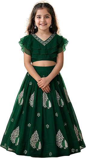 LilOraa Girls Lehenga Choli Set for Kids | Ethnic Wear Ghagra Choli | Wedding Dress for Girls | Ruffle Crop Top &amp; Printed ...
