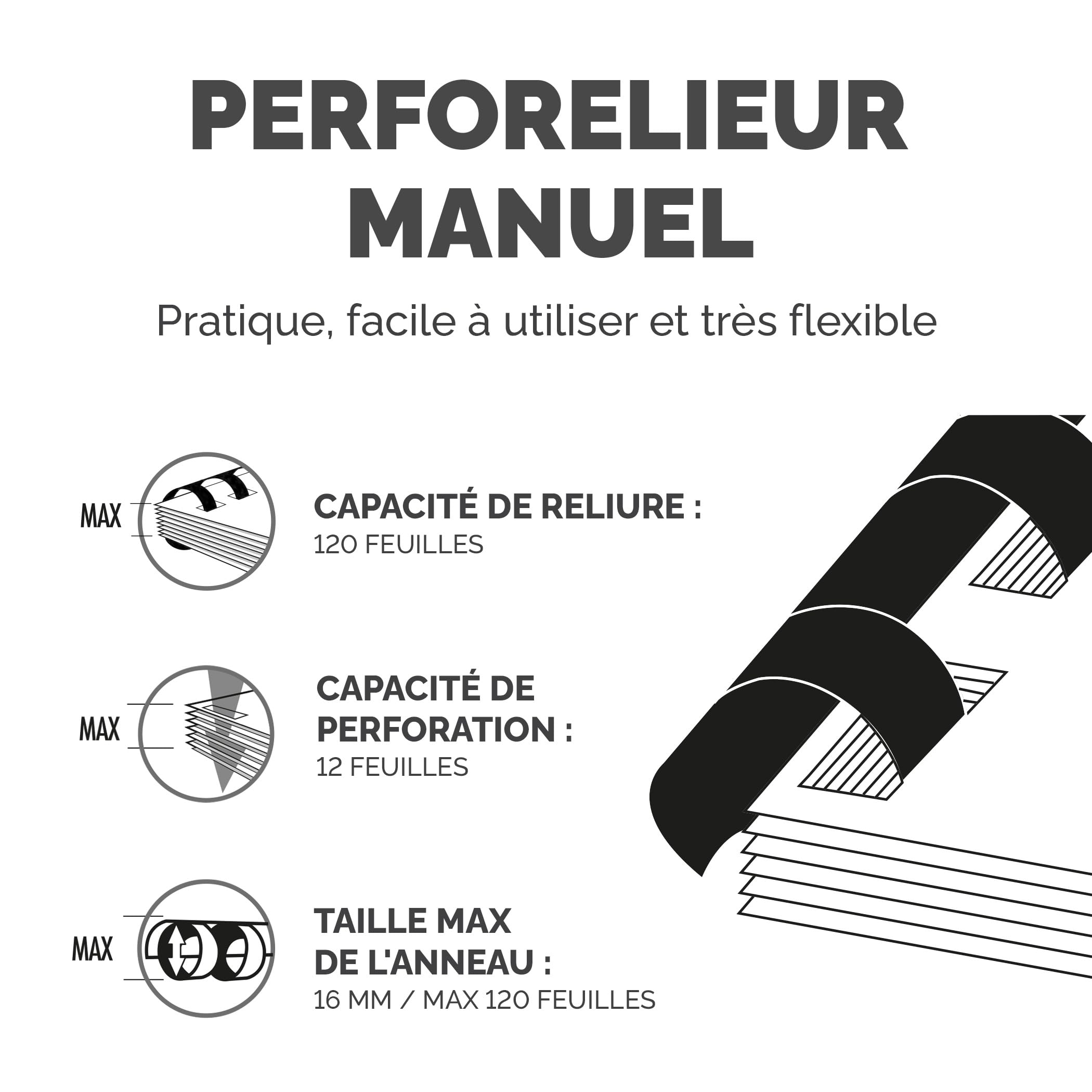 Fellowes Starlet 2+ Machine à relier A4 – Perfore 12 feuilles – Reliure manuelle à anneaux plastique – 120 feuilles