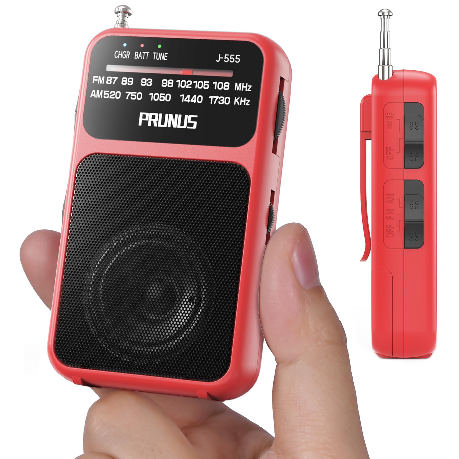 PRUNUS J-555 Pocket Radio AM FM USB-C Charging& Battery Operated, Excellent Reception& Clear Speaker and Headphone Jack, Back Clip, Flashlight, Transistor Radios, Portable Radio AM FM, Mini Radios