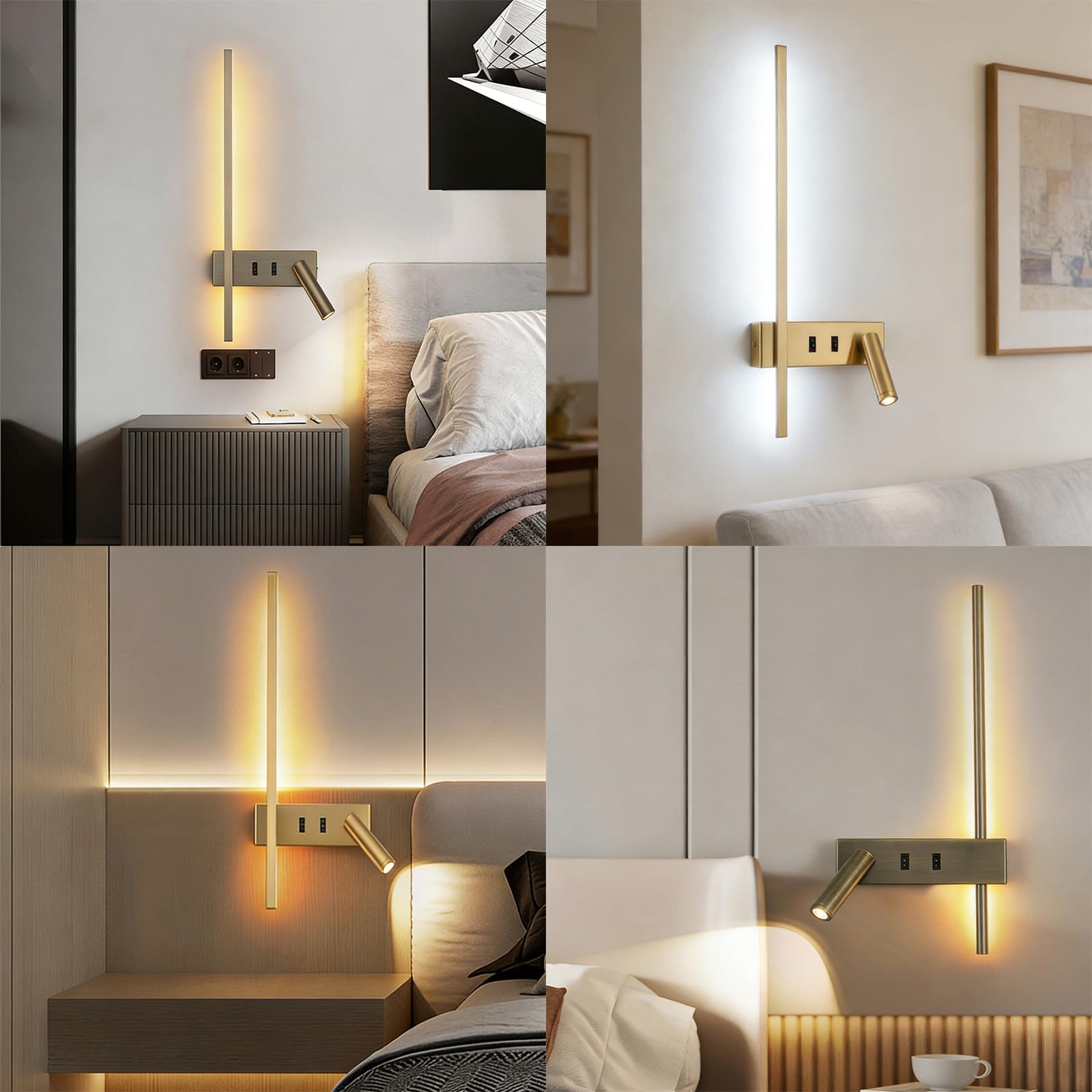 Wandlampe LED Innen Moderne Dekorative Wandleuchte 270°+135° Drehbare Wandbeleuchtung mit 2 Schalter Wandleuchten Lange Acryl für Wohnzimmer Korridor Treppen (Schwarz – Rechts,Warmes Licht)