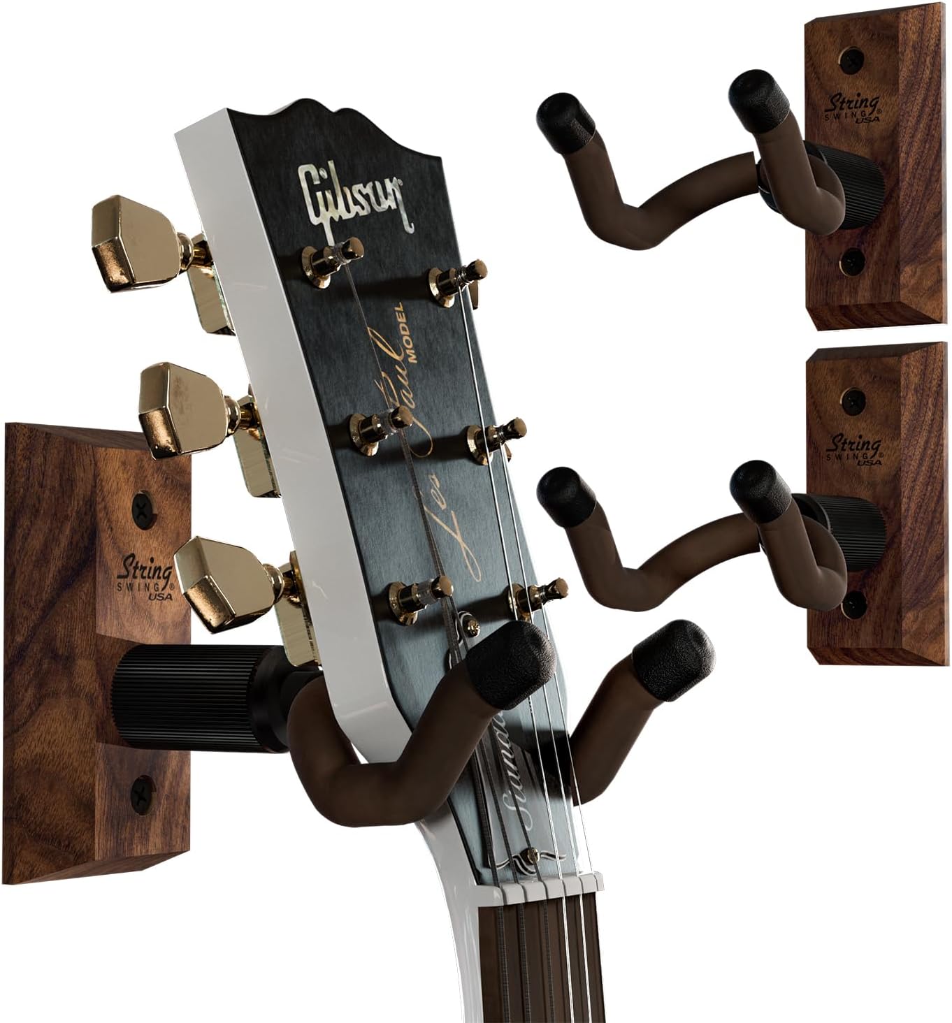 String Swing Guitar Wall Mount 3 Pack, Hangers, Holder Hook for Wall, Fits All Size Acoustic, Electric, Bass - Black Walnut Hardwood, Made in USA