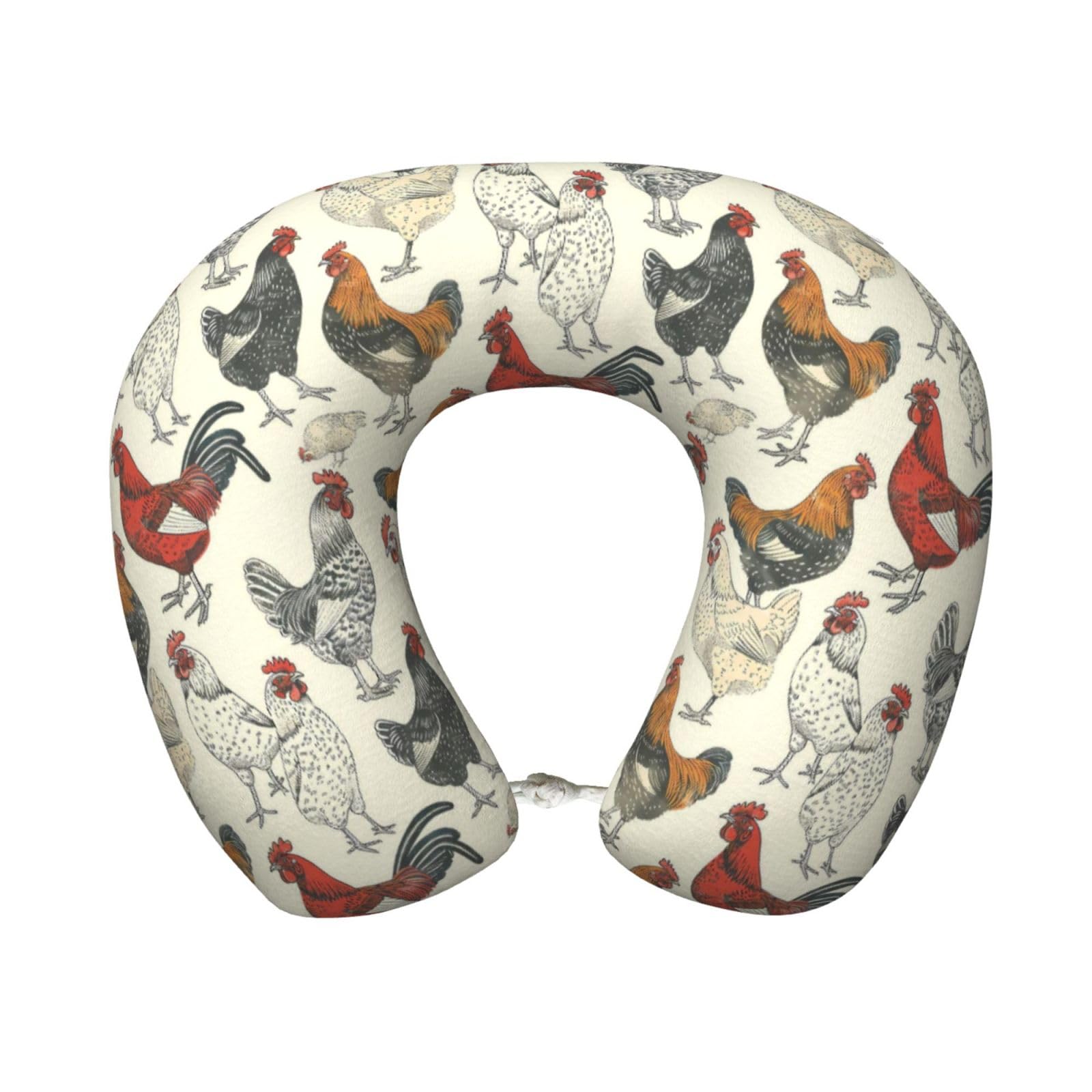 peiyeety Various Chicken Print Travel Pillow Memory Foam, Portable Neck Pillow for Airplane, Car and Office